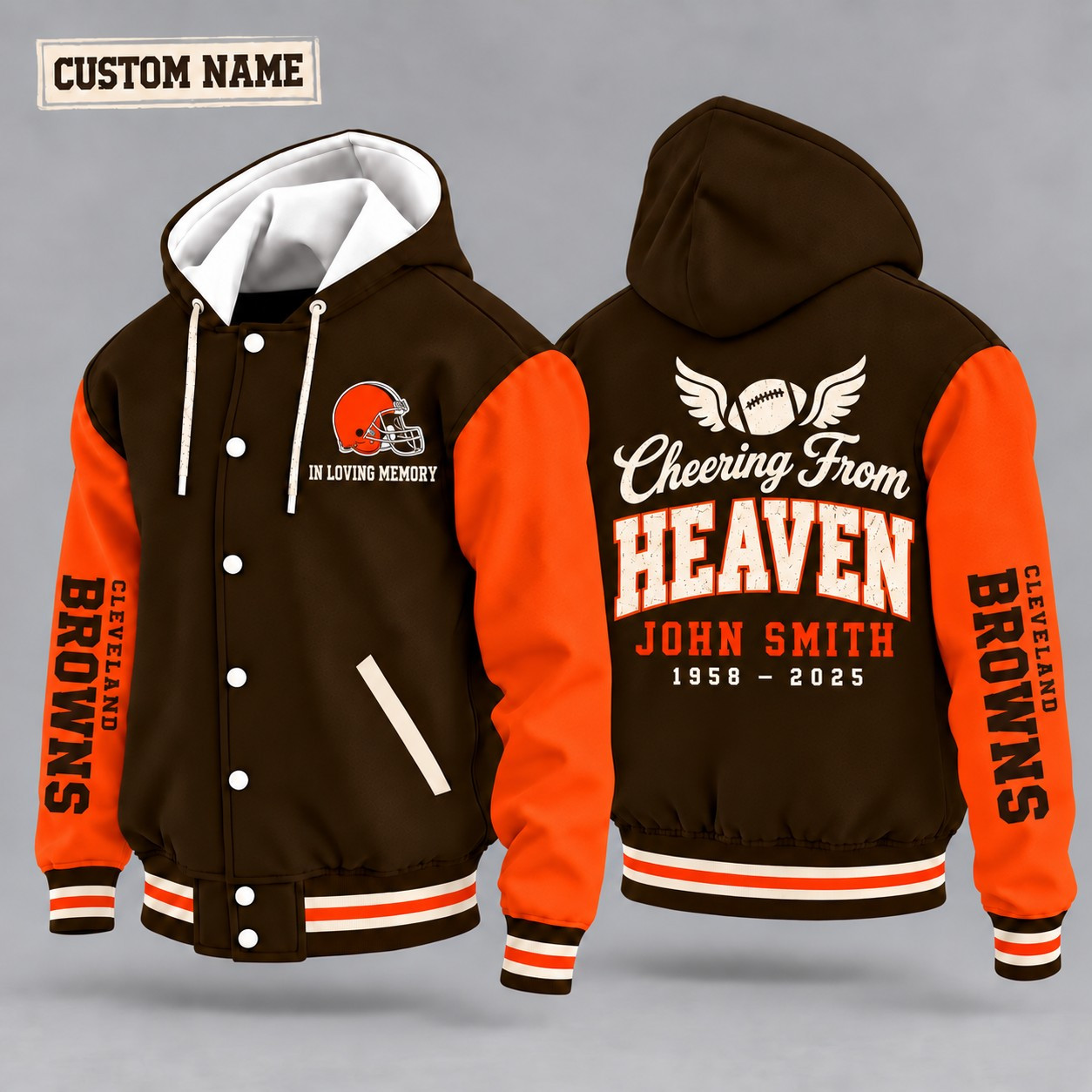 Cleveland Browns Cheering From Heaven Memorial Hooded Letterman Jacket – In Loving Memory Custom Name PQQTKW