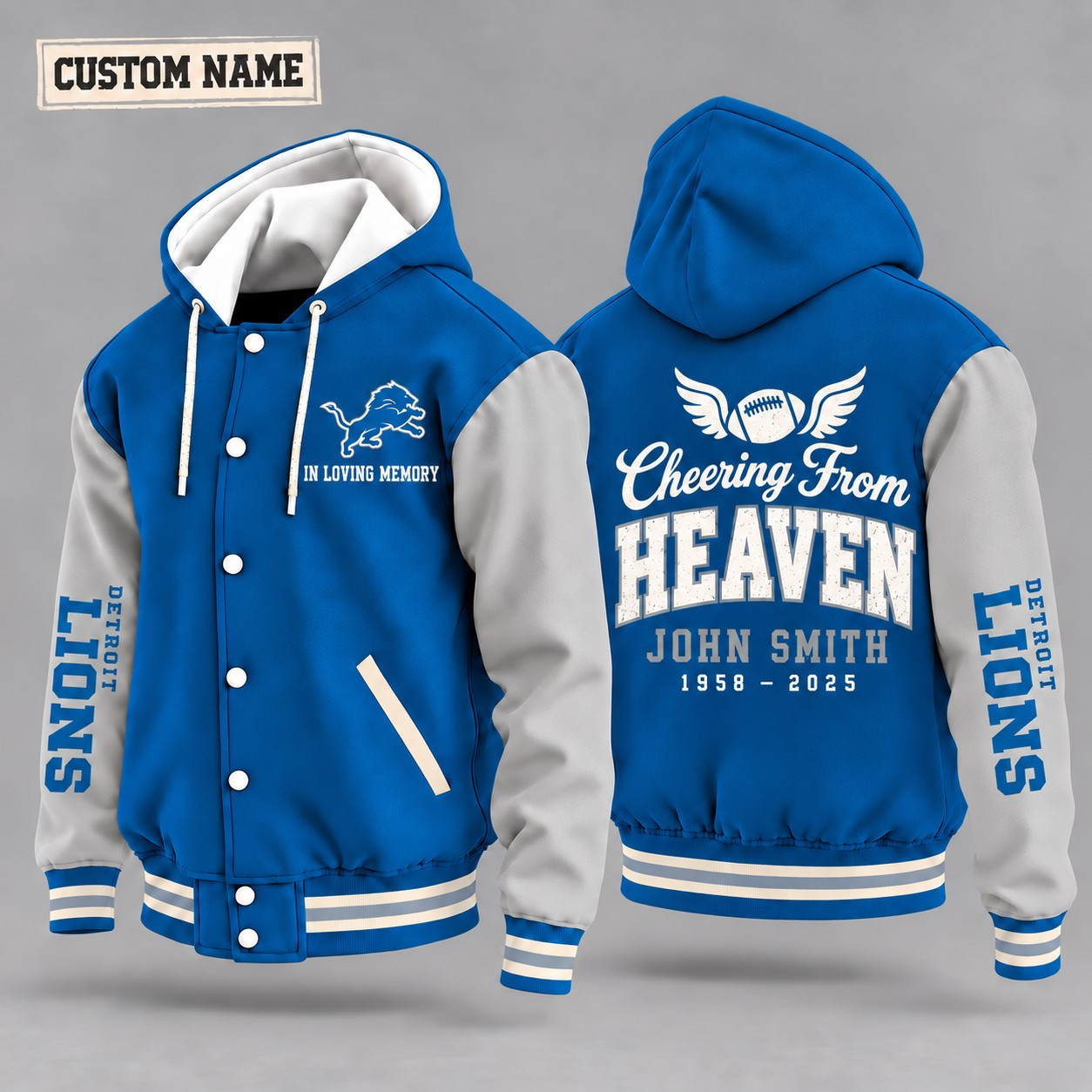 Detroit Lions Cheering From Heaven Memorial Hooded Letterman Jacket – In Loving Memory Custom Name PC5ZG8