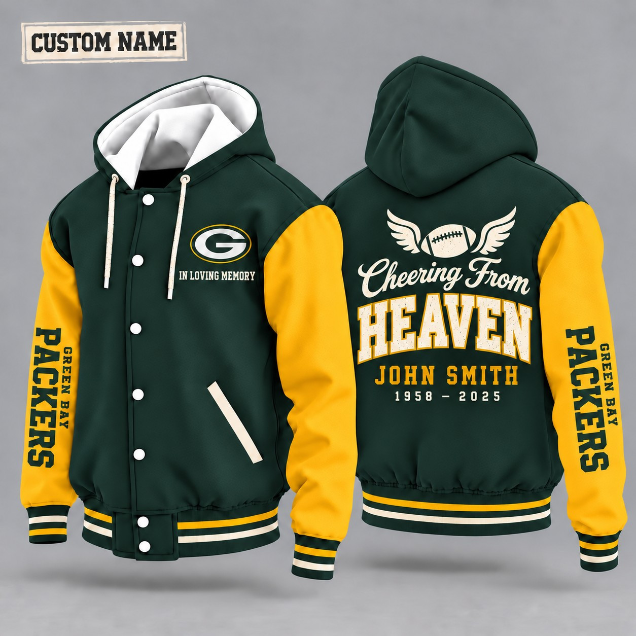 Green Bay Packers Cheering From Heaven Memorial Hooded Letterman Jacket – In Loving Memory Custom Name PSGKT7