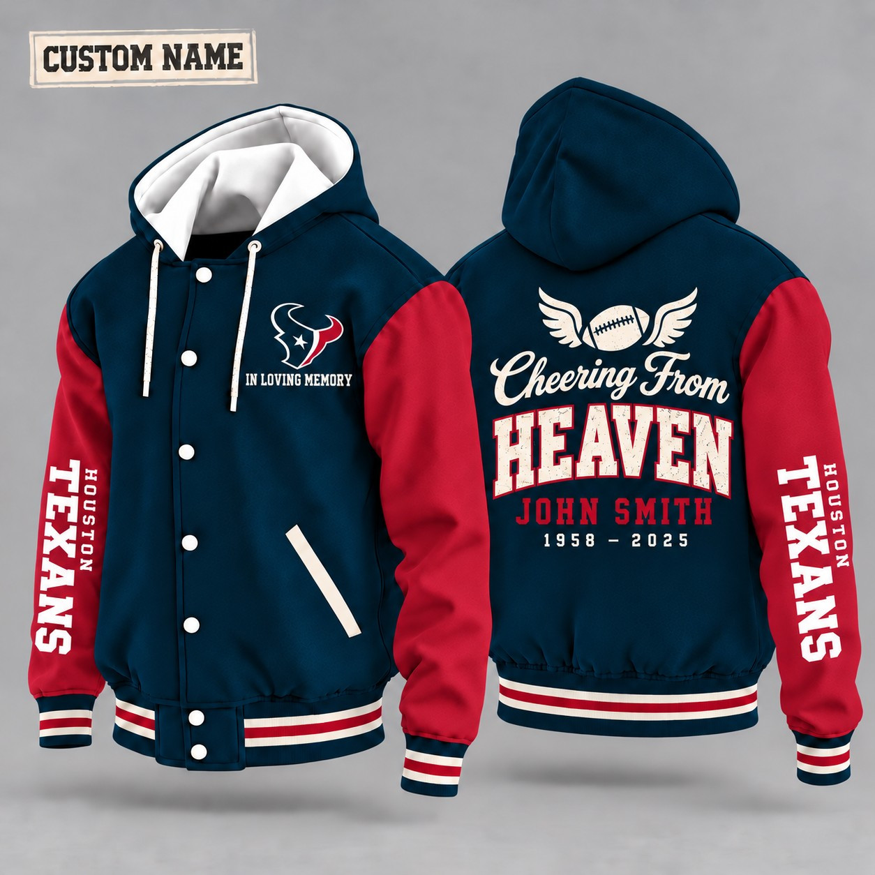 Houston Texans Cheering From Heaven Memorial Hooded Letterman Jacket – In Loving Memory Custom Name P4OID2