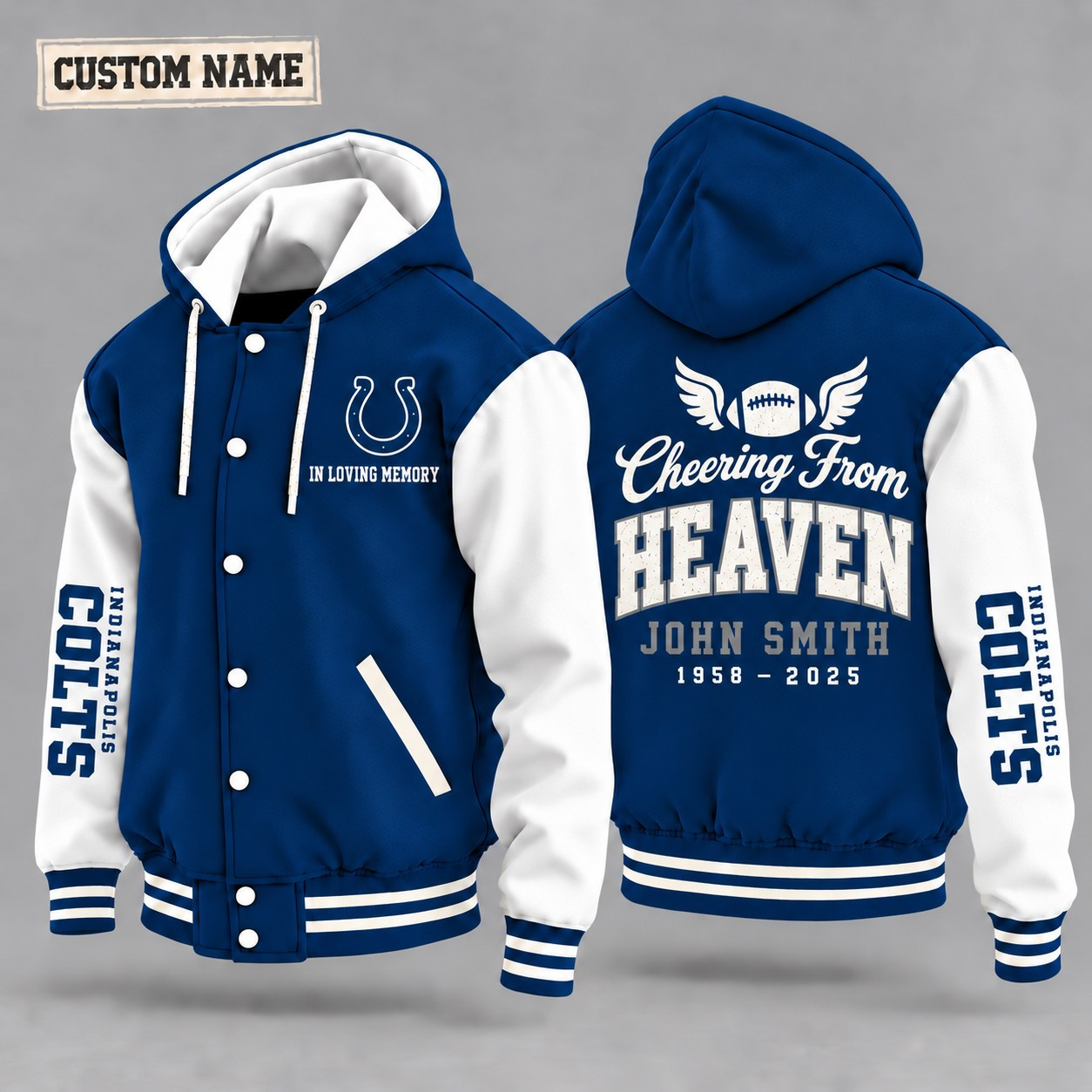 Indianapolis Colts Cheering From Heaven Memorial Hooded Letterman Jacket – In Loving Memory Custom Name P1J4RD