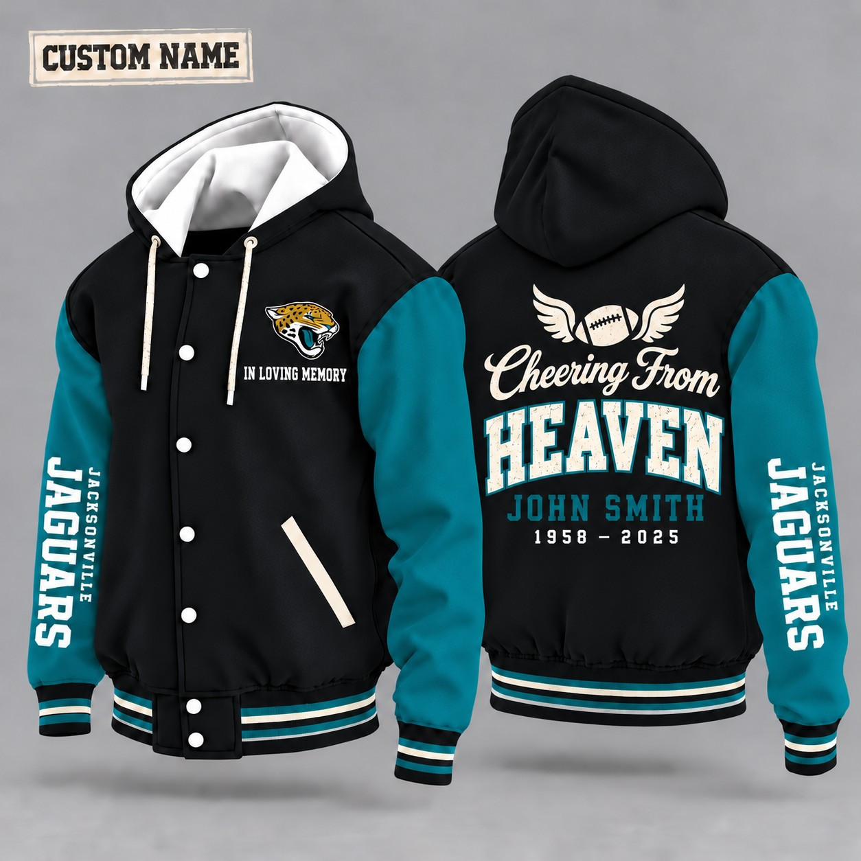 Jacksonville Jaguars Cheering From Heaven Memorial Hooded Letterman Jacket – In Loving Memory Custom Name P0B8BZ