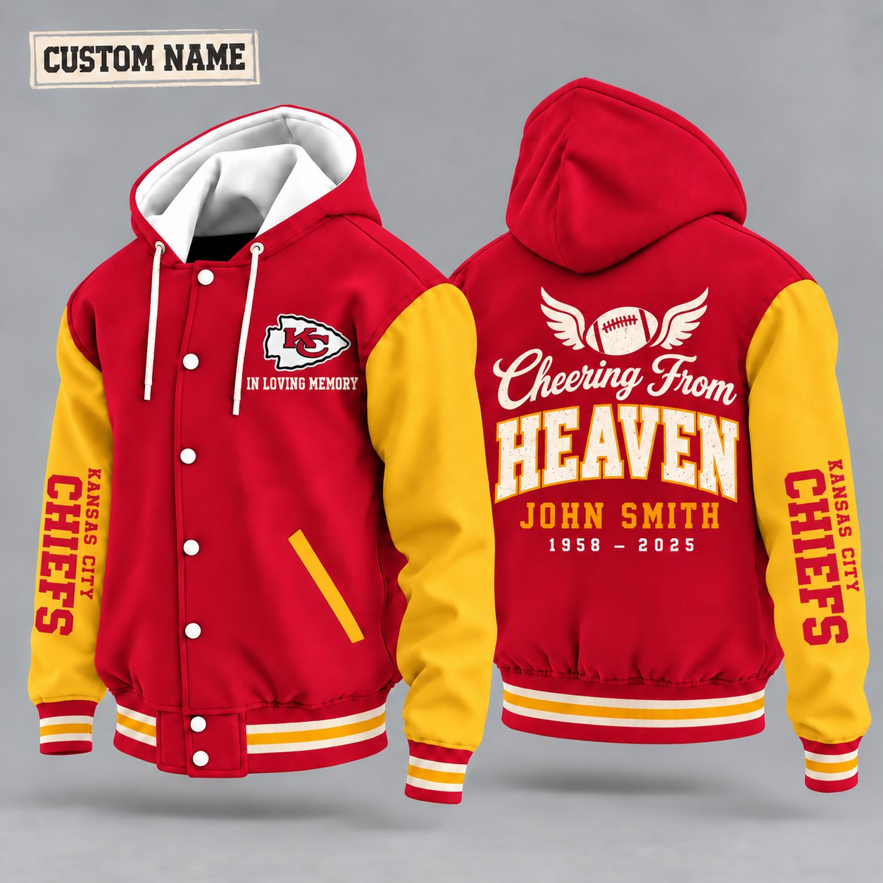 Kansas City Chiefs Cheering From Heaven Memorial Hooded Letterman Jacket – In Loving Memory Custom Name PAHHHJ