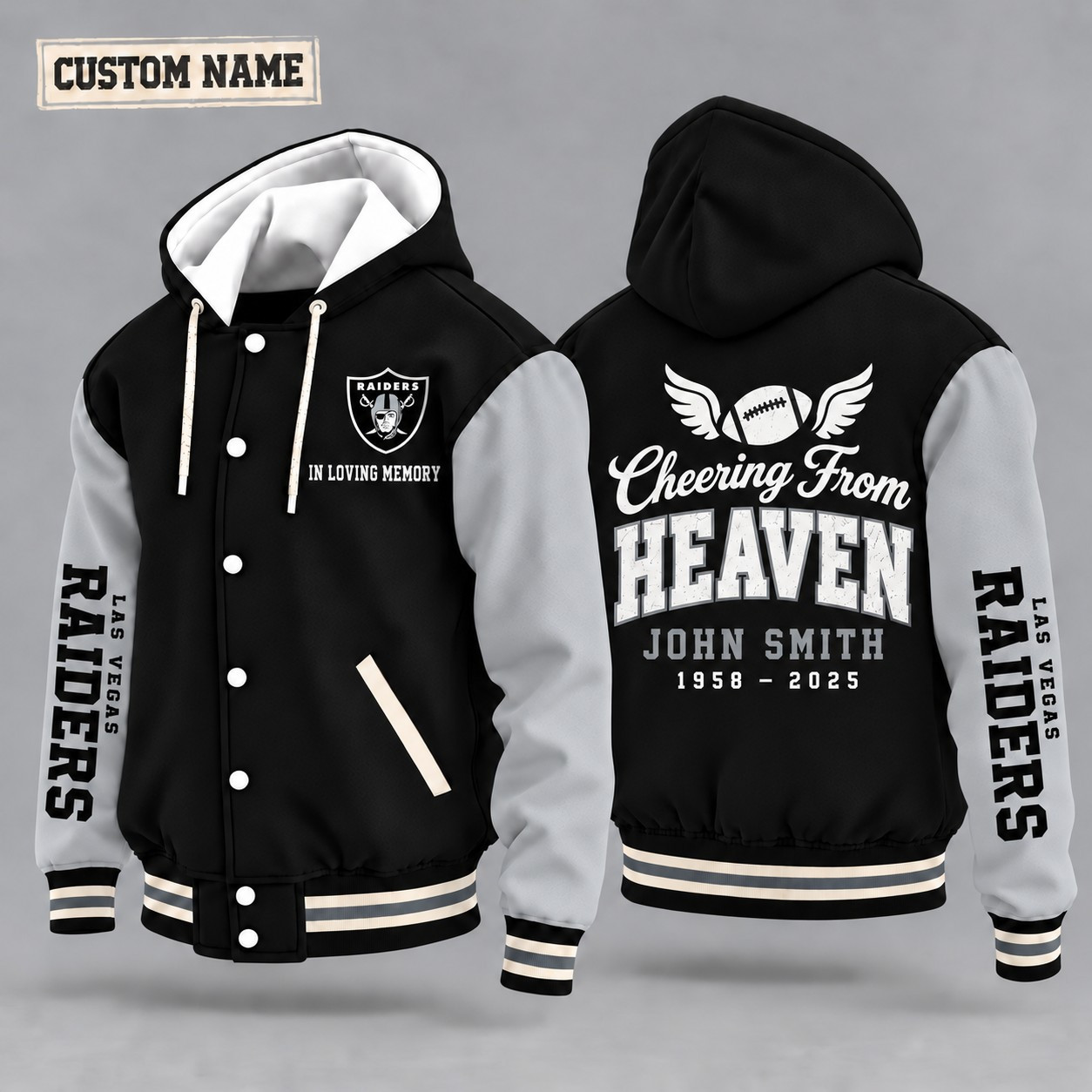 Las Vegas Raiders Cheering From Heaven Memorial Hooded Letterman Jacket – In Loving Memory Custom Name PZOMB5