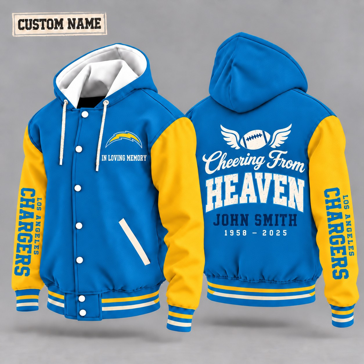 Los Angeles Chargers Cheering From Heaven Memorial Hooded Letterman Jacket – In Loving Memory Custom Name PRR7FX