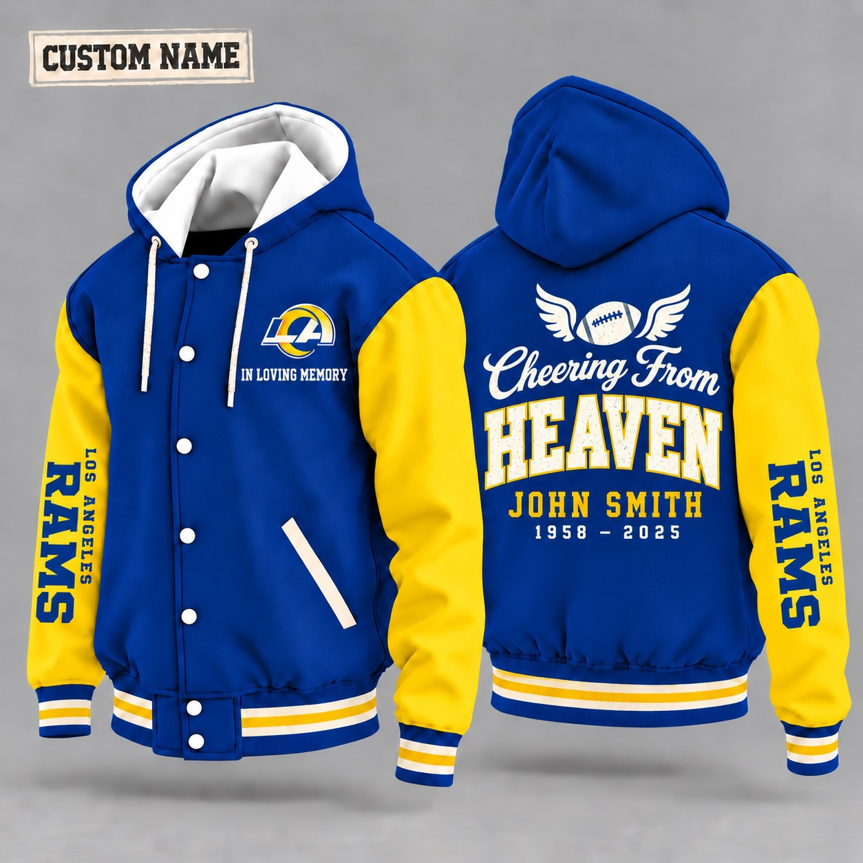 Los Angeles Rams Cheering From Heaven Memorial Hooded Letterman Jacket – In Loving Memory Custom Name P0ZA80