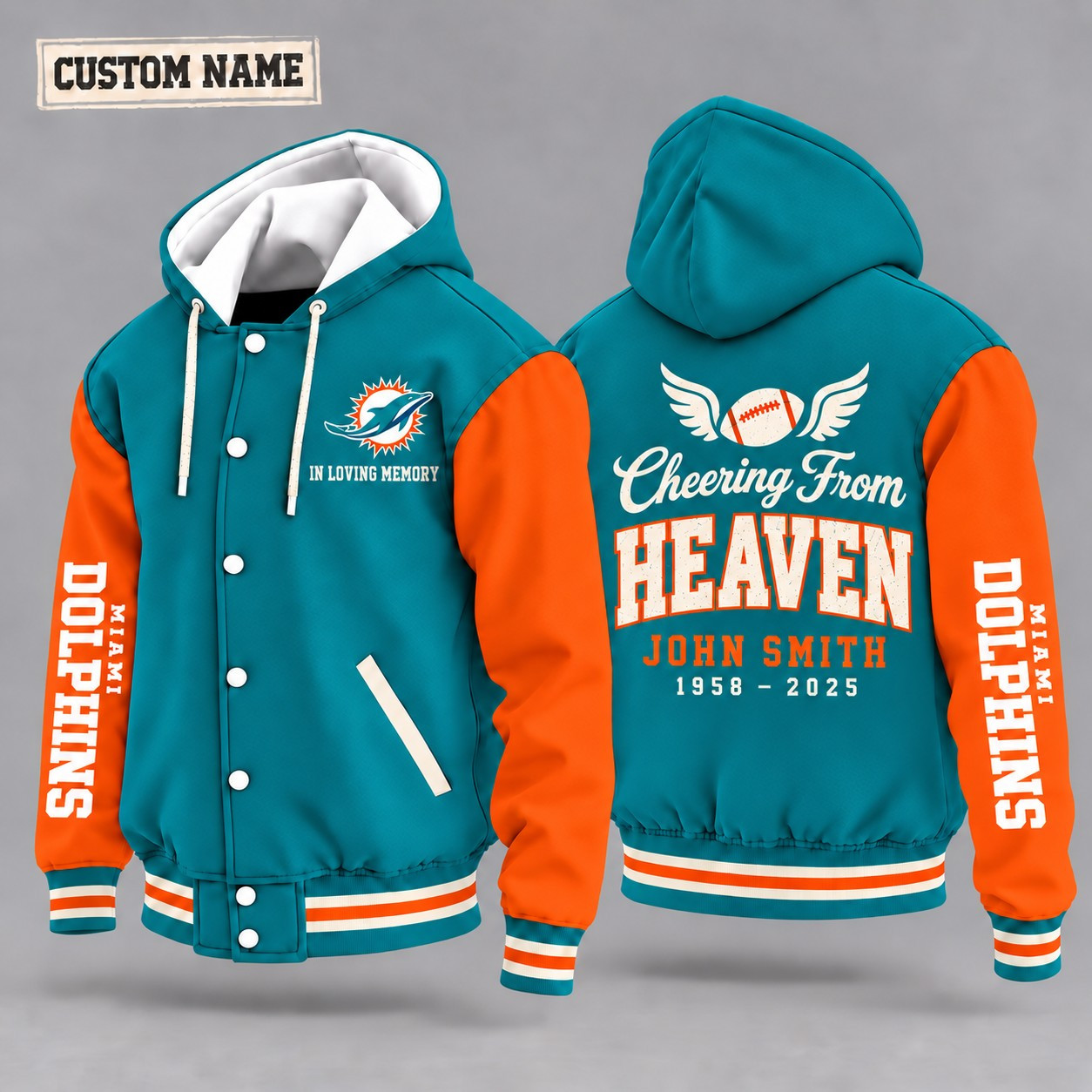 Miami Dolphins Cheering From Heaven Memorial Hooded Letterman Jacket – In Loving Memory Custom Name PFYT50