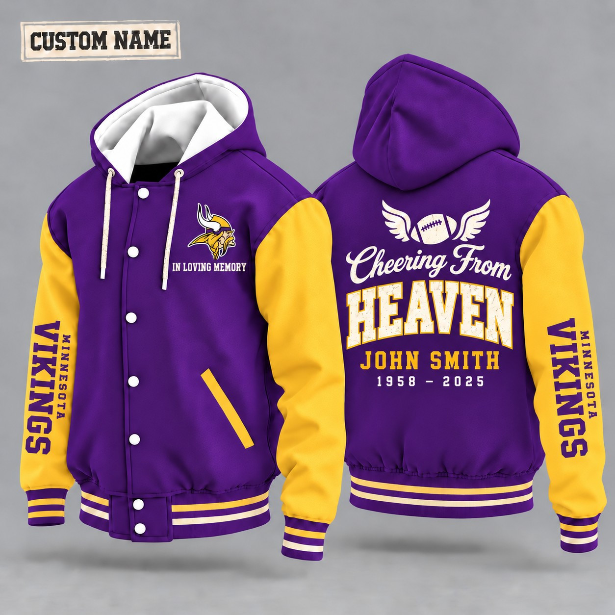 Minnesota Vikings Cheering From Heaven Memorial Hooded Letterman Jacket – In Loving Memory Custom Name PYFY2D