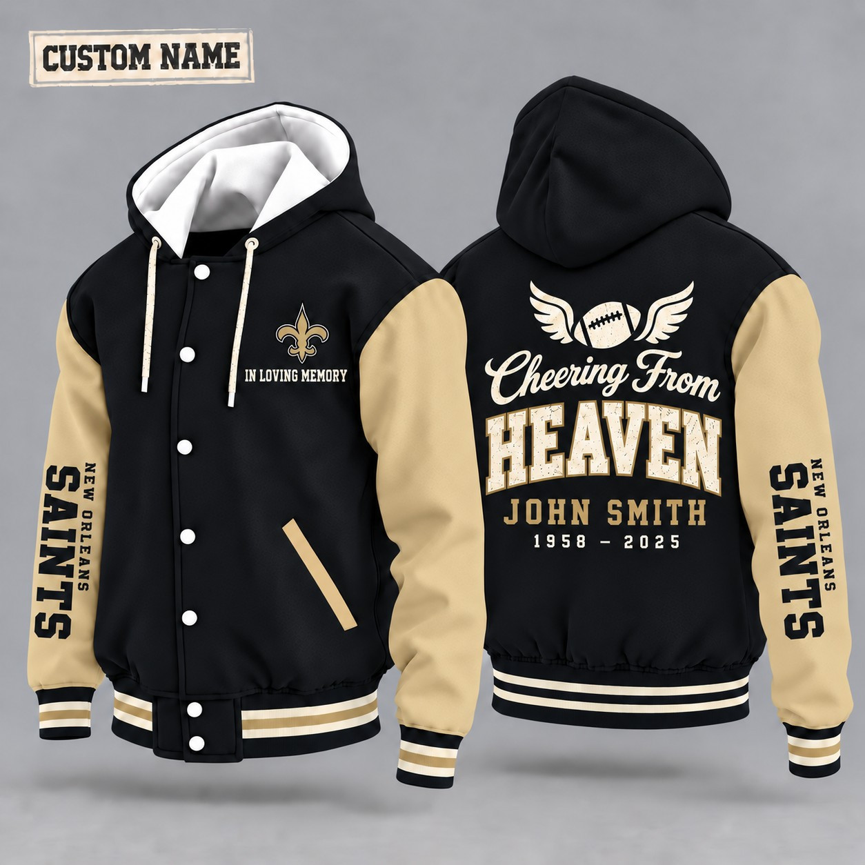 New Orleans Saints Cheering From Heaven Memorial Hooded Letterman Jacket – In Loving Memory Custom Name PQI7OX