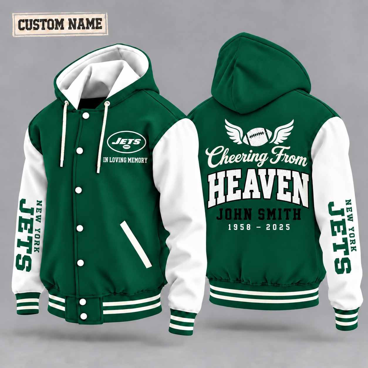 New York Jets Cheering From Heaven Memorial Hooded Letterman Jacket – In Loving Memory Custom Name PVIMTL
