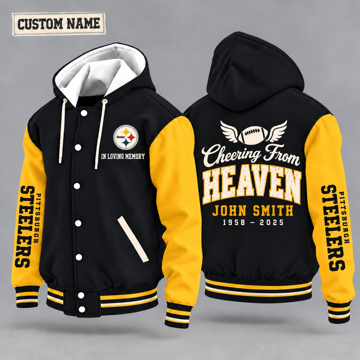 Pittsburgh Steelers Cheering From Heaven Memorial Hooded Letterman Jacket – In Loving Memory Custom Name PDW2SC