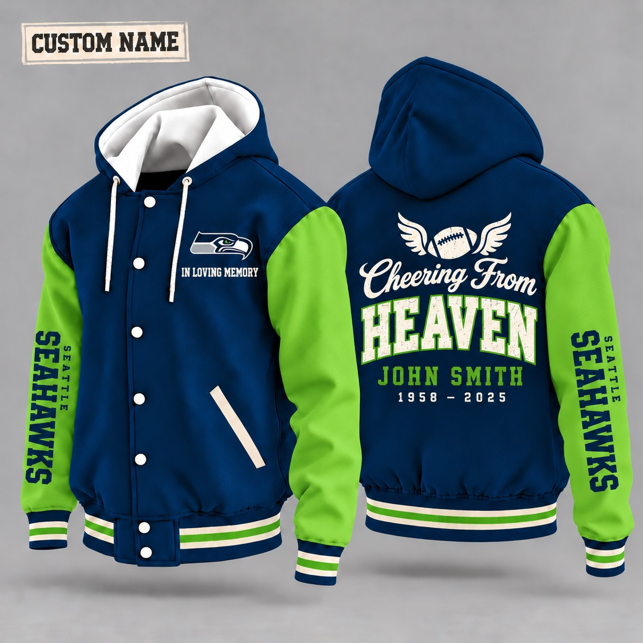 Seattle Seahawks Cheering From Heaven Memorial Hooded Letterman Jacket – In Loving Memory Custom Name PVSYQG