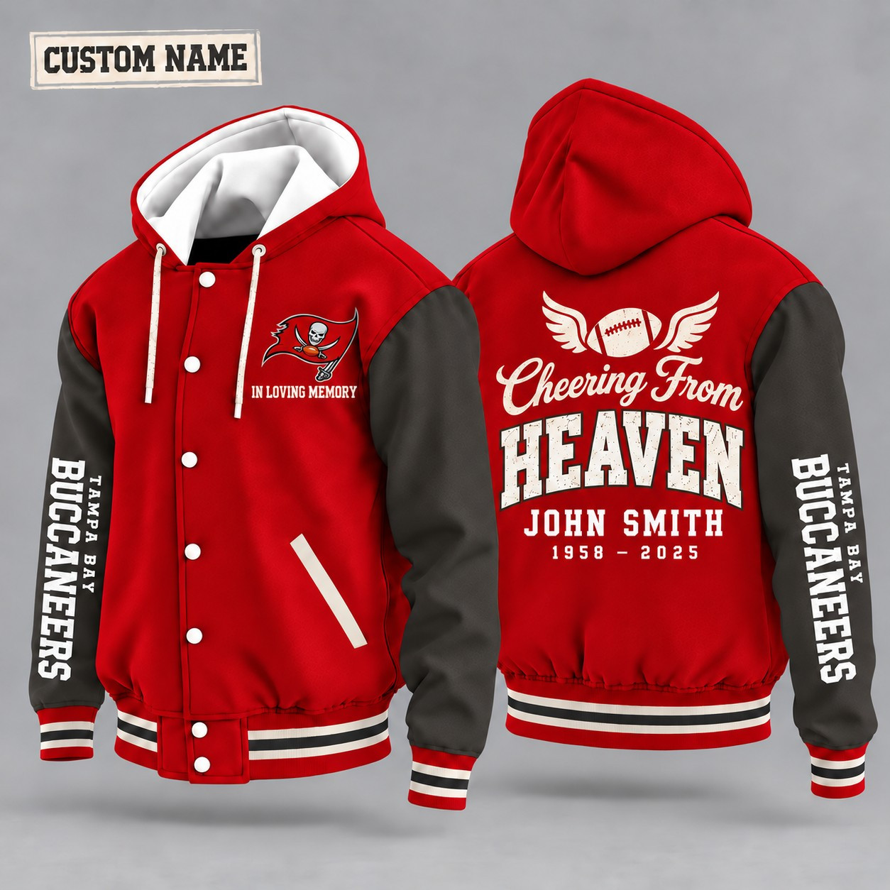 Tampa Bay Buccaneers Cheering From Heaven Memorial Hooded Letterman Jacket – In Loving Memory Custom Name PRQDBY
