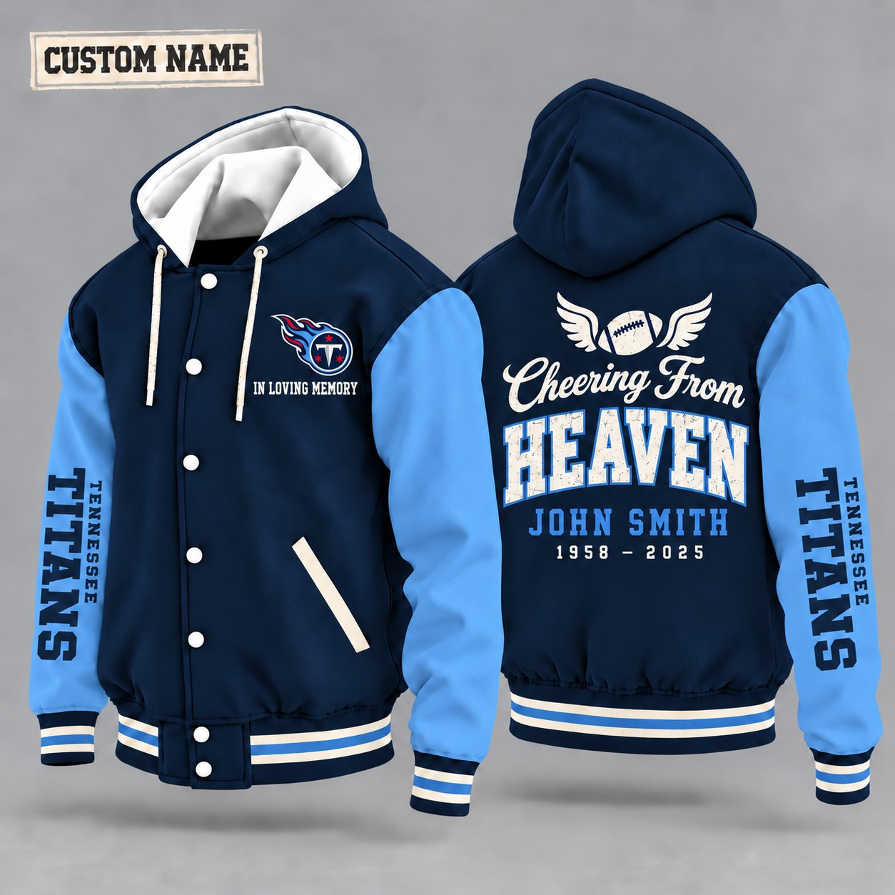 Tennessee Titans Cheering From Heaven Memorial Hooded Letterman Jacket – In Loving Memory Custom Name PRBLPO