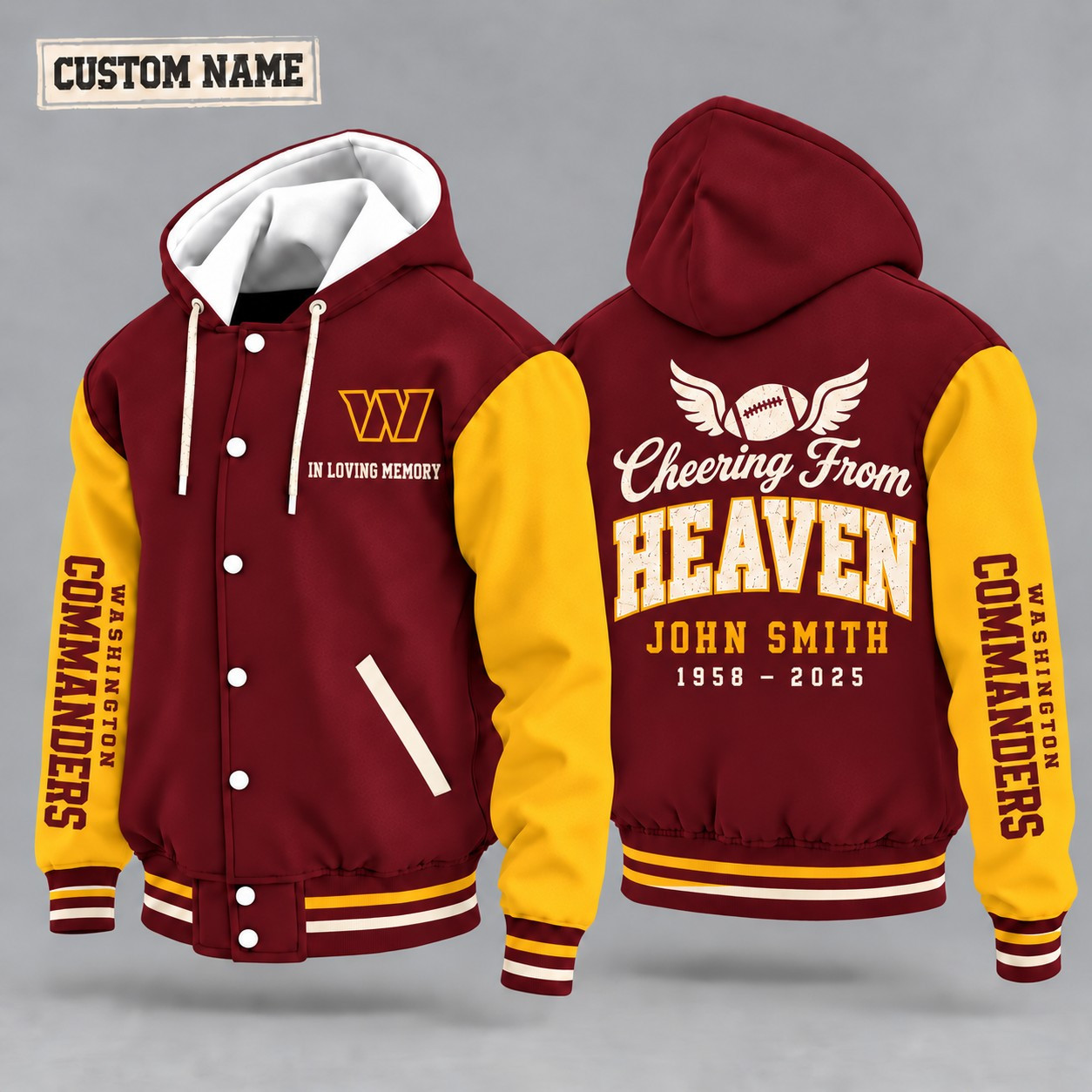 Washington Commanders Cheering From Heaven Memorial Hooded Letterman Jacket – In Loving Memory Custom Name PAUEK1