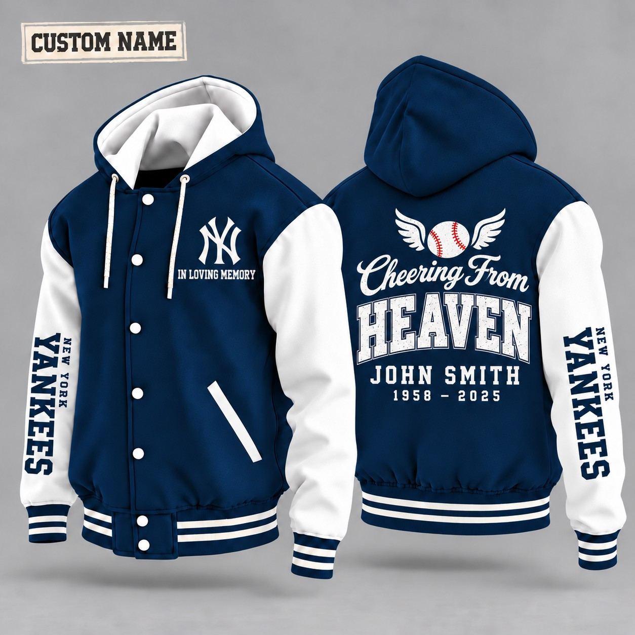 New York Yankees Cheering From Heaven Memorial Hooded Letterman Jacket – In Loving Memory Custom Name PKTANP