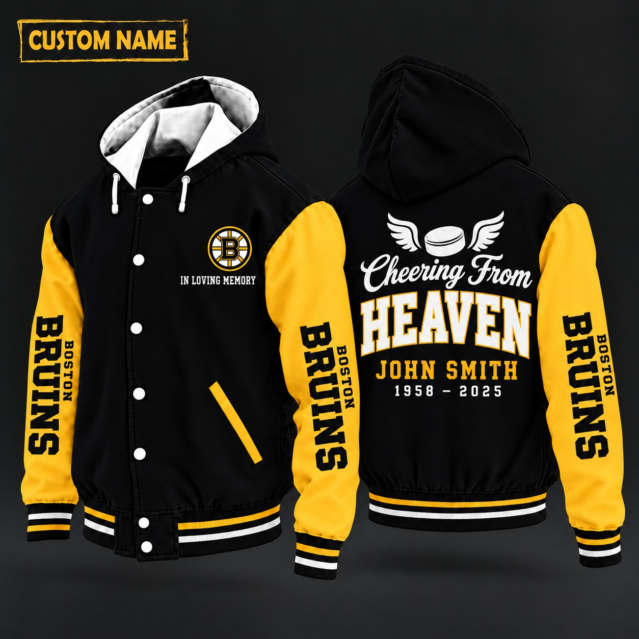 Boston Bruins Cheering From Heaven Memorial Hooded Letterman Jacket – In Loving Memory Custom Name PKZCQZ