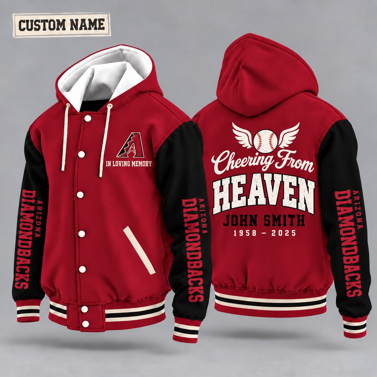Arizona Diamondbacks Cheering From Heaven Memorial Hooded Letterman Jacket – In Loving Memory Custom Name P7WNC1