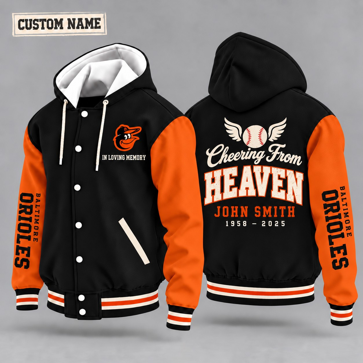Baltimore Orioles Cheering From Heaven Memorial Hooded Letterman Jacket – In Loving Memory Custom Name PE7P40