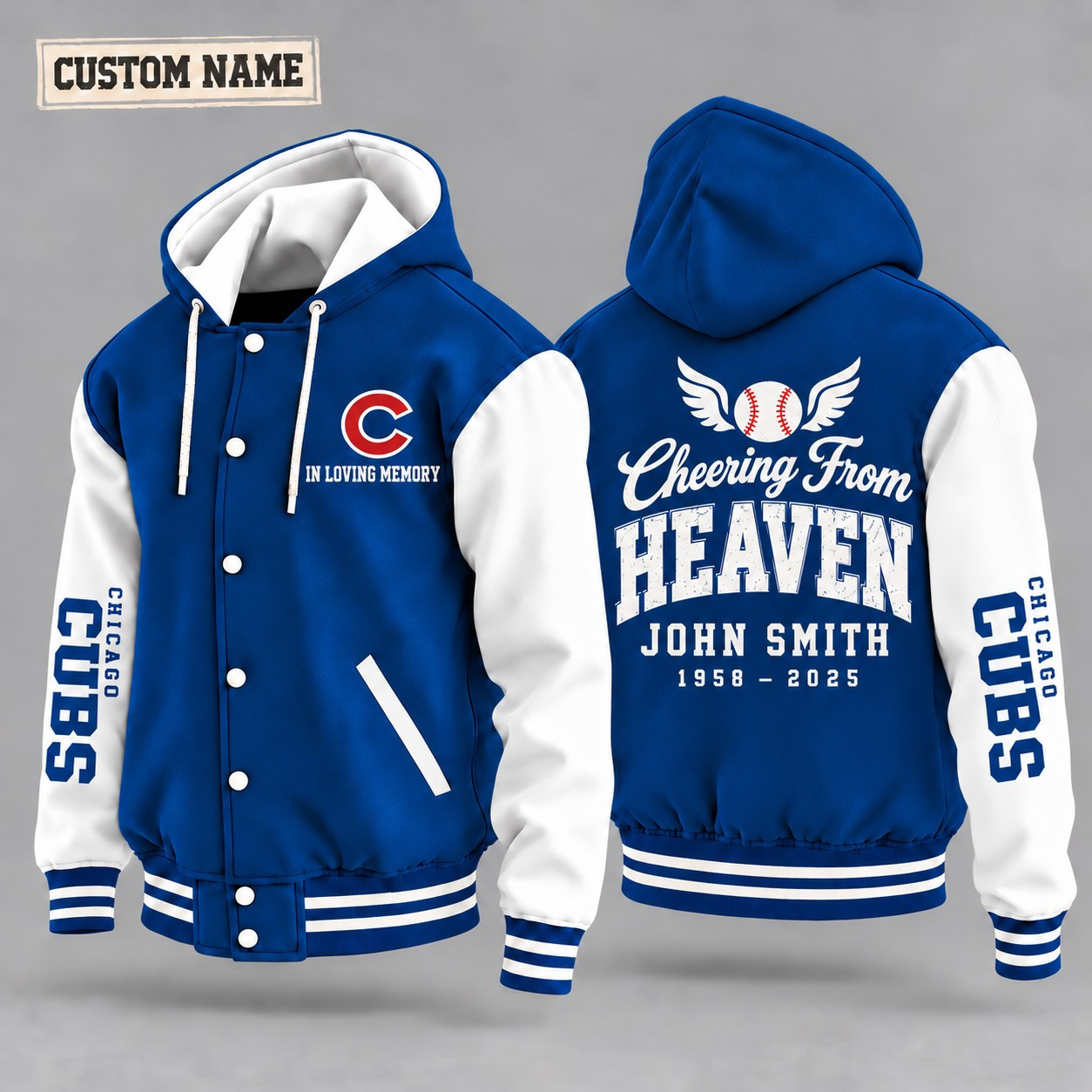 Chicago Cubs Cheering From Heaven Memorial Hooded Letterman Jacket – In Loving Memory Custom Name PTU1JR