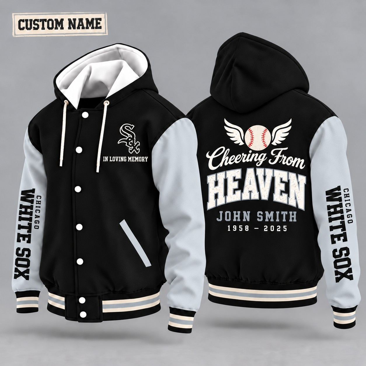 Chicago White Sox Cheering From Heaven Memorial Hooded Letterman Jacket – In Loving Memory Custom Name P0UBGT