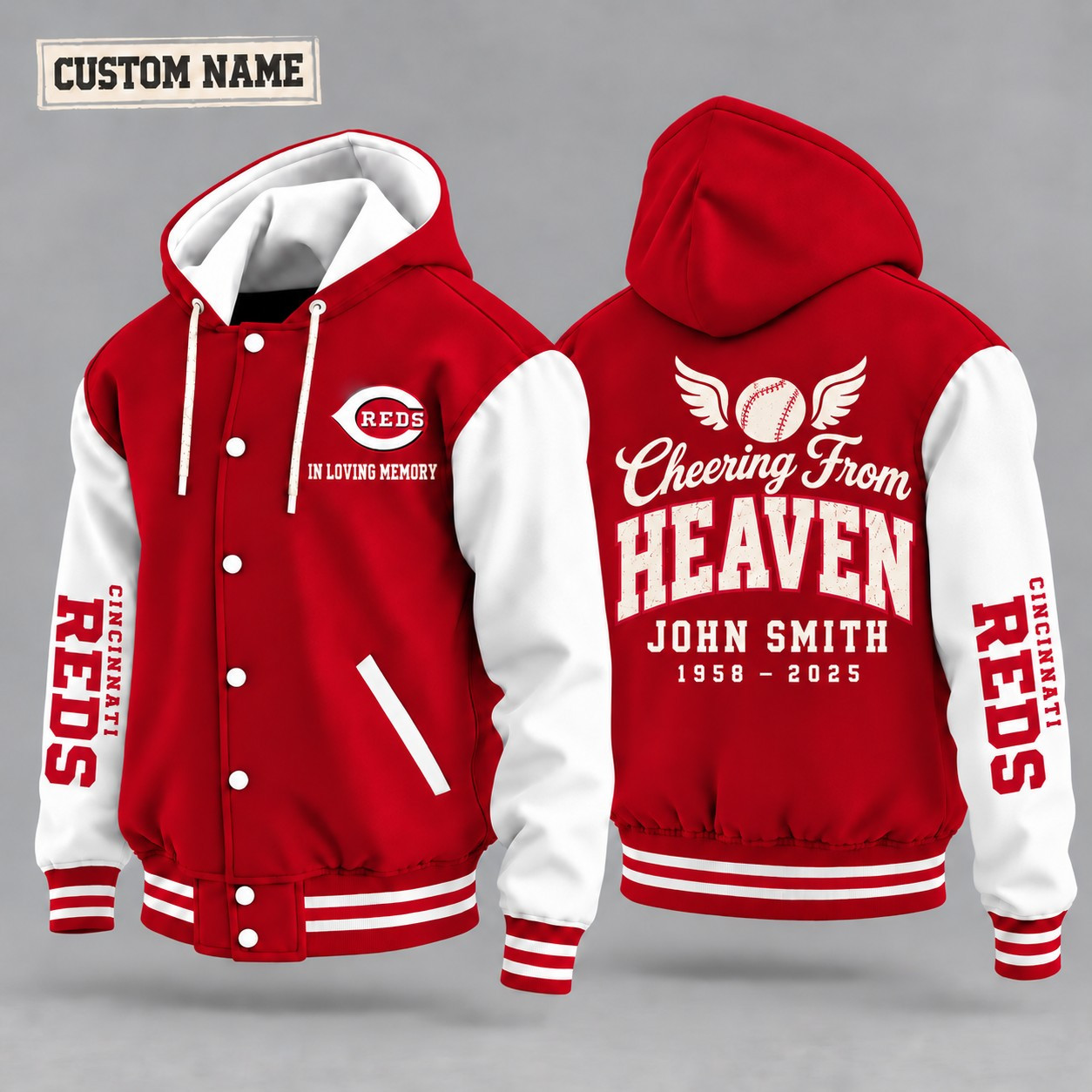 Cincinnati Reds Cheering From Heaven Memorial Hooded Letterman Jacket – In Loving Memory Custom Name PO2JBM