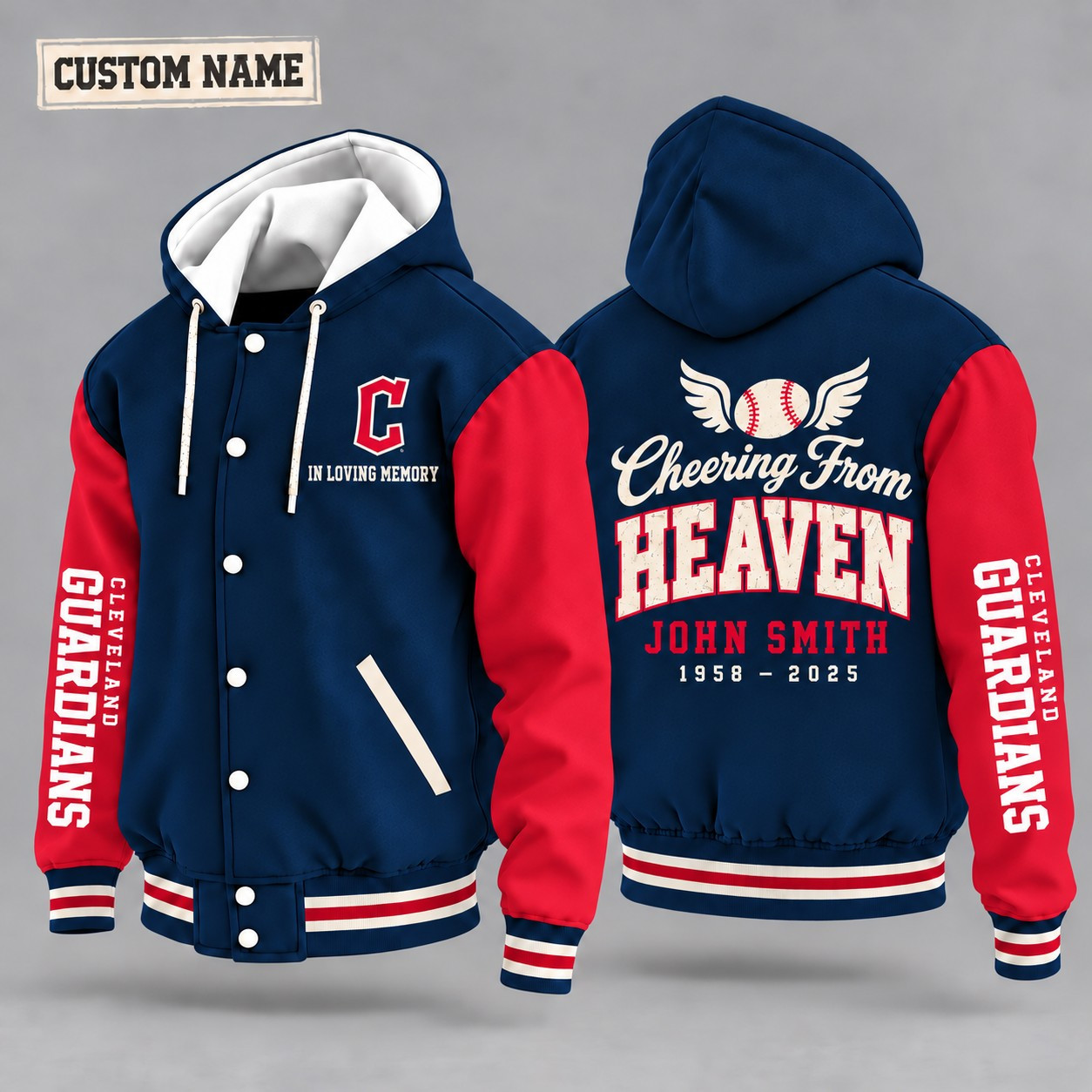 Cleveland Guardians Cheering From Heaven Memorial Hooded Letterman Jacket – In Loving Memory Custom Name P4QFSO