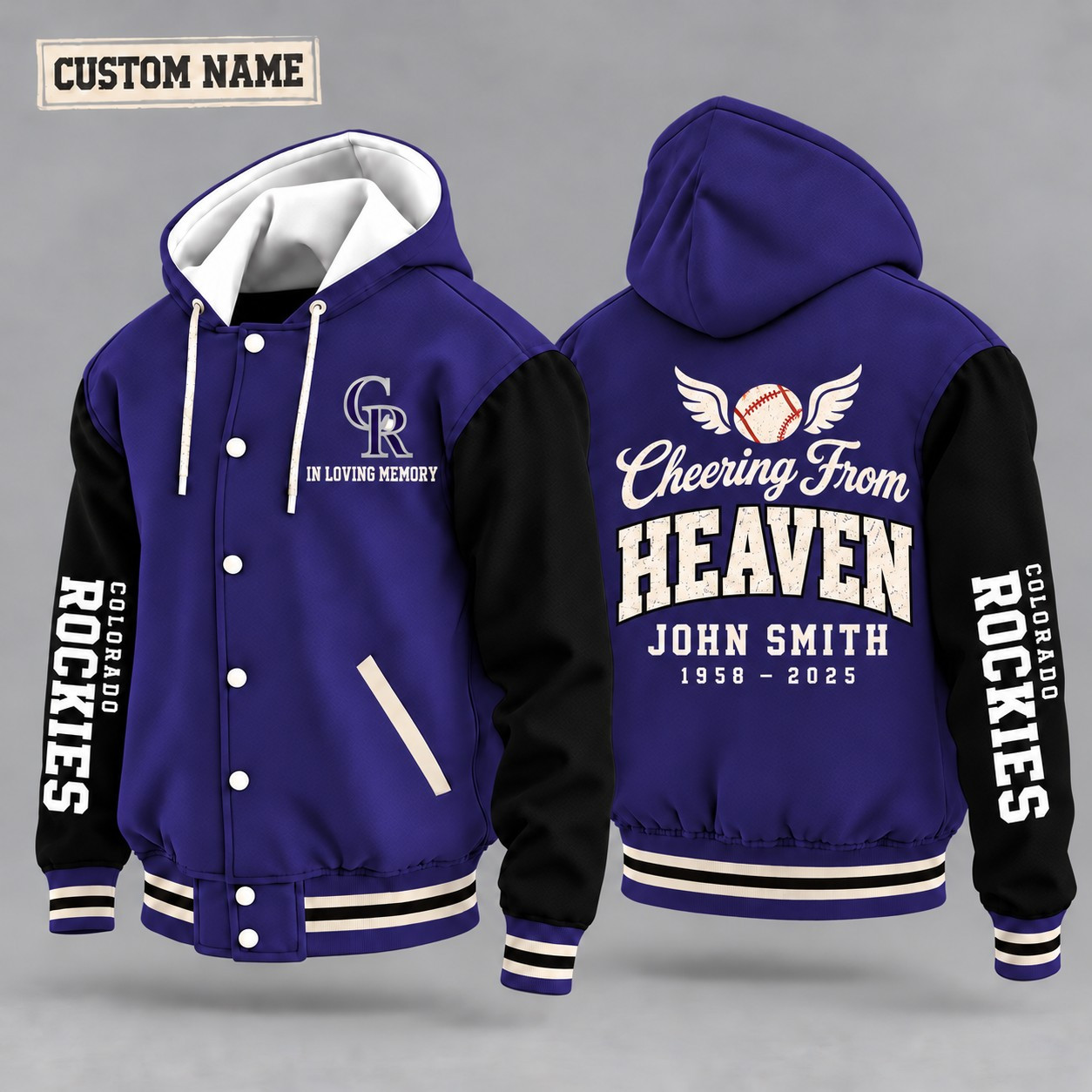 Colorado Rockies Cheering From Heaven Memorial Hooded Letterman Jacket – In Loving Memory Custom Name PCVVTP
