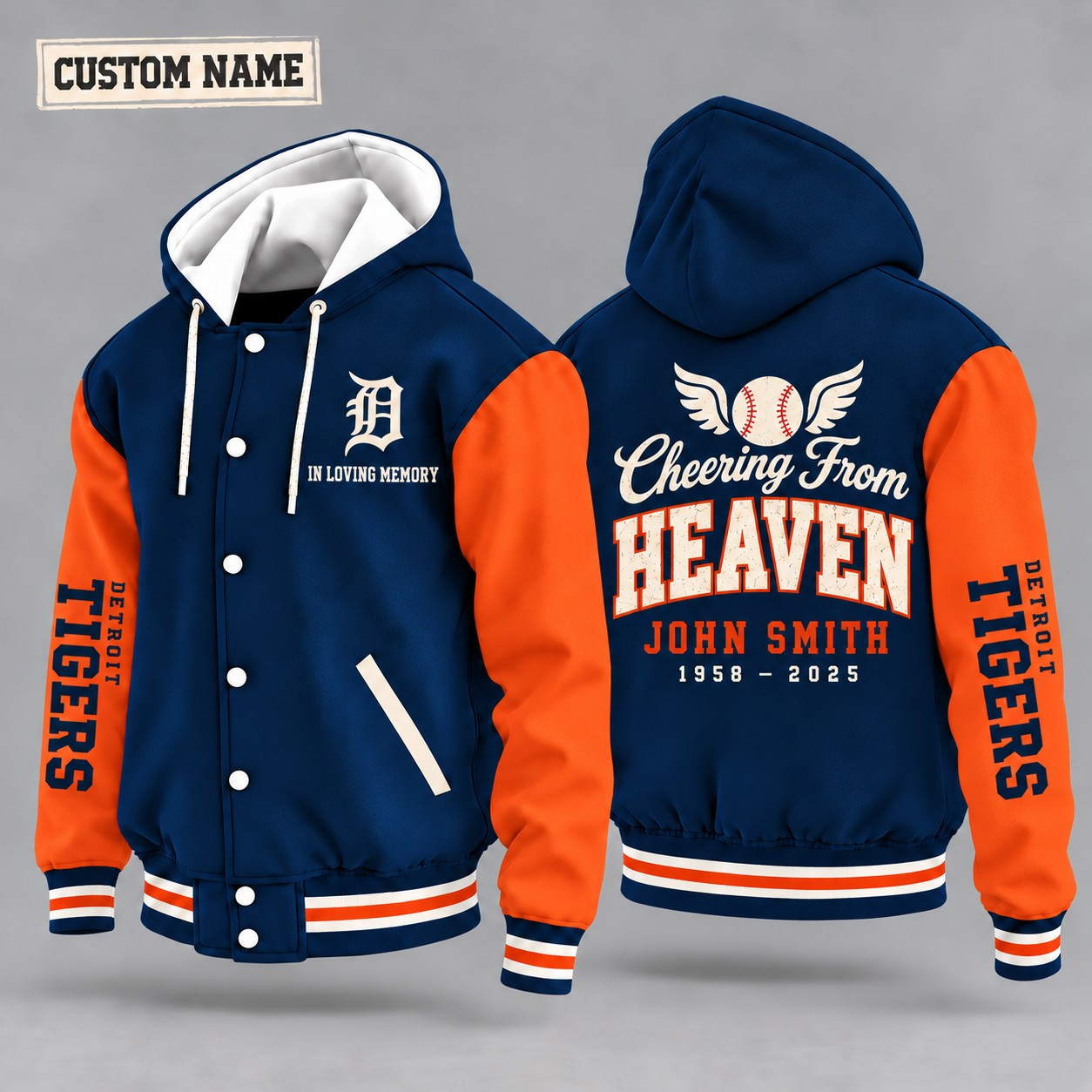 Detroit Tigers Cheering From Heaven Memorial Hooded Letterman Jacket – In Loving Memory Custom Name PDMWBE