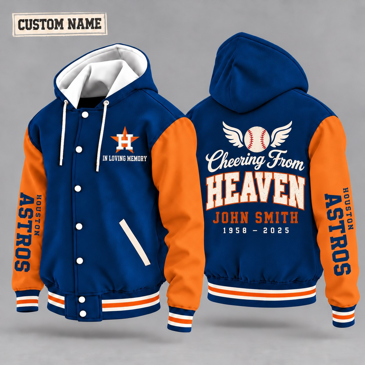 Houston Astros Cheering From Heaven Memorial Hooded Letterman Jacket – In Loving Memory Custom Name PO4EE2