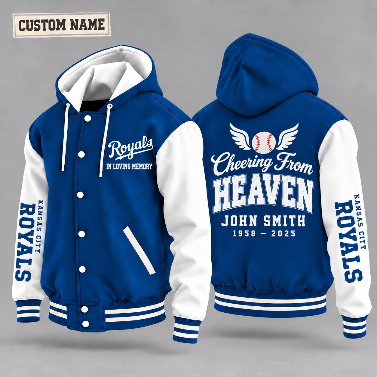 Kansas City Royals Cheering From Heaven Memorial Hooded Letterman Jacket – In Loving Memory Custom Name POKMZA