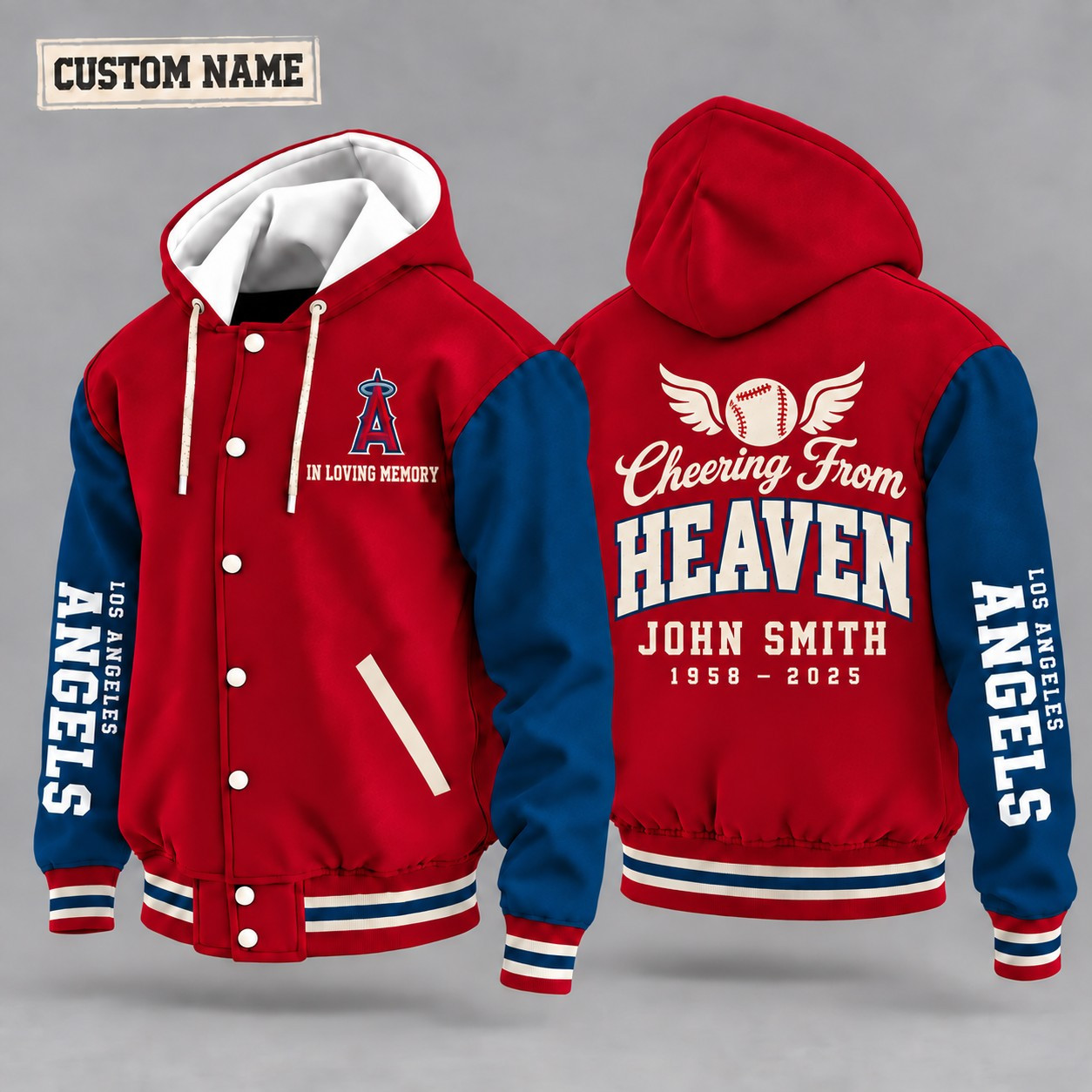 Los Angeles Angels Cheering From Heaven Memorial Hooded Letterman Jacket – In Loving Memory Custom Name PZAFJB