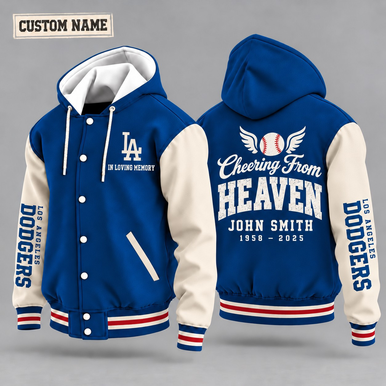 Los Angeles Dodgers Cheering From Heaven Memorial Hooded Letterman Jacket – In Loving Memory Custom Name PITD6M