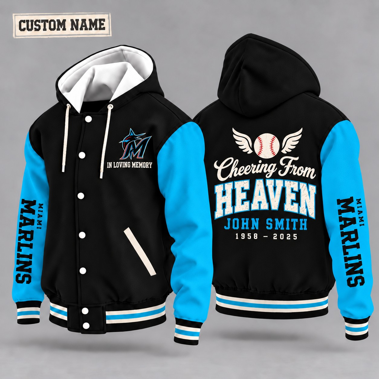 Miami Marlins Cheering From Heaven Memorial Hooded Letterman Jacket – In Loving Memory Custom Name P9F4K7