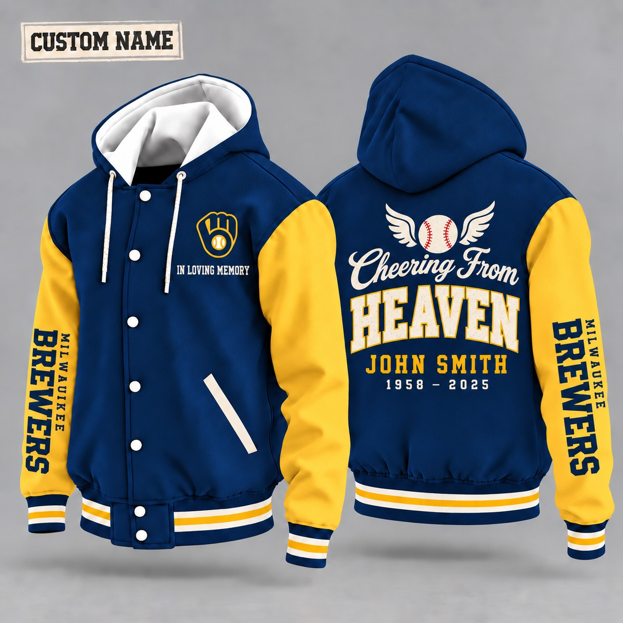 Milwaukee Brewers Cheering From Heaven Memorial Hooded Letterman Jacket – In Loving Memory Custom Name PC8KVL