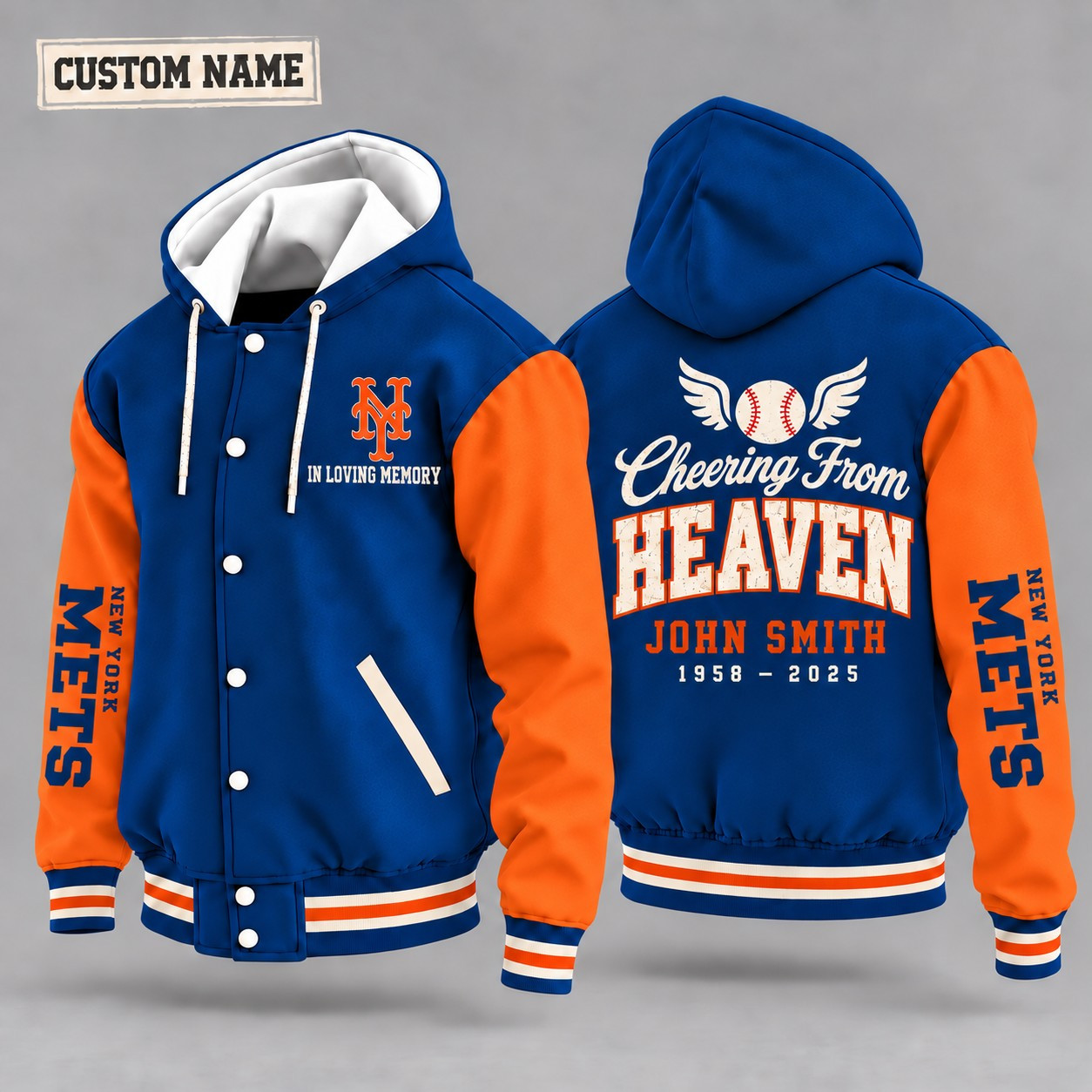 New York Mets Cheering From Heaven Memorial Hooded Letterman Jacket – In Loving Memory Custom Name PK0C6O