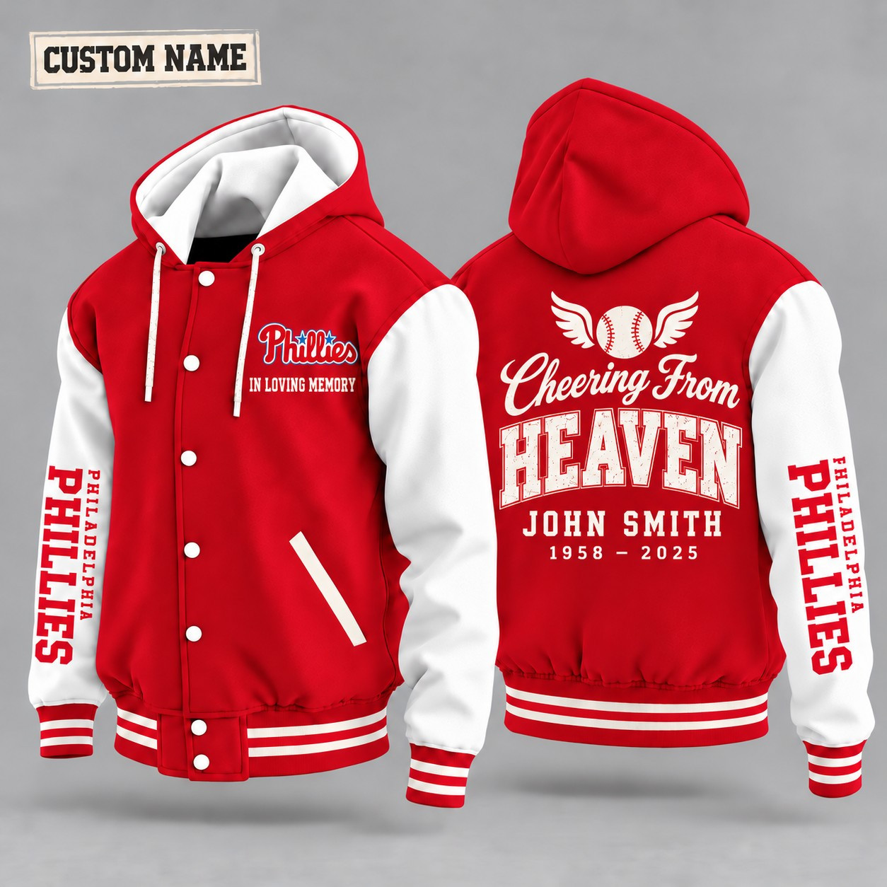Philadelphia Phillies Cheering From Heaven Memorial Hooded Letterman Jacket – In Loving Memory Custom Name PPJNQ9