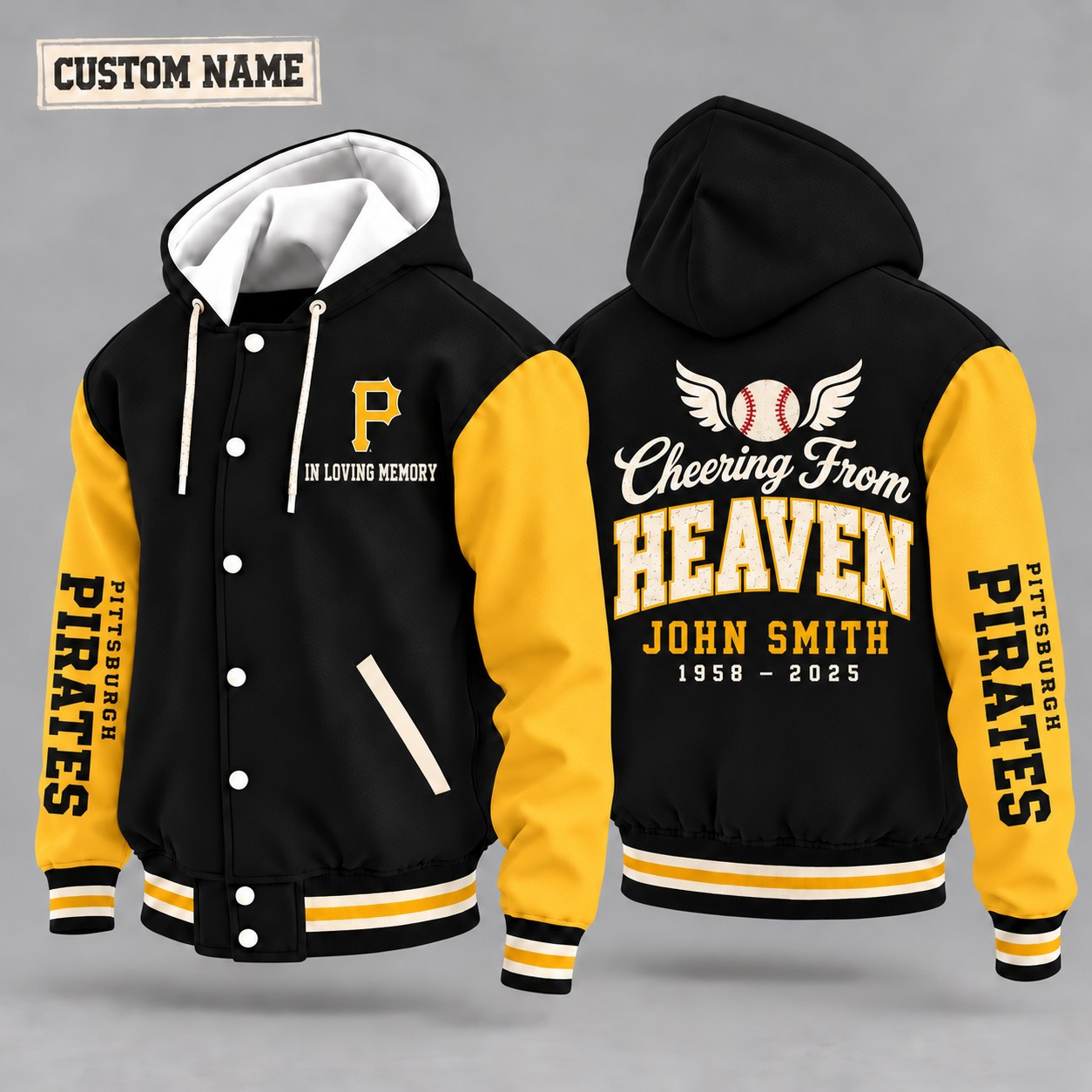 Pittsburgh Pirates Cheering From Heaven Memorial Hooded Letterman Jacket – In Loving Memory Custom Name PAPZB8