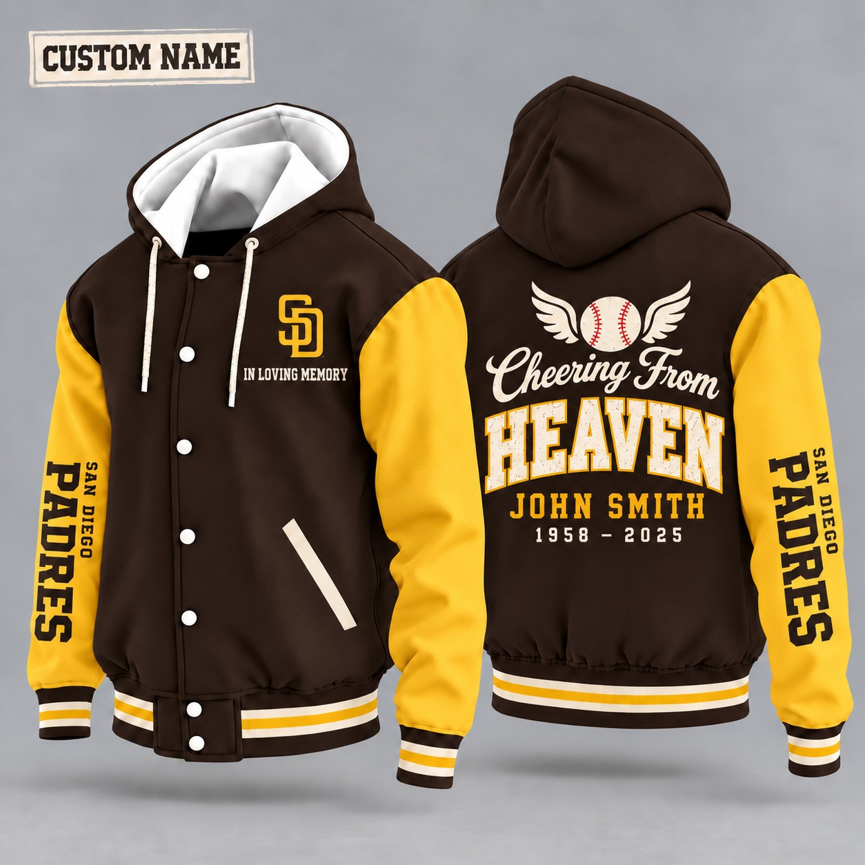 San Diego Padres Cheering From Heaven Memorial Hooded Letterman Jacket – In Loving Memory Custom Name P46E6O