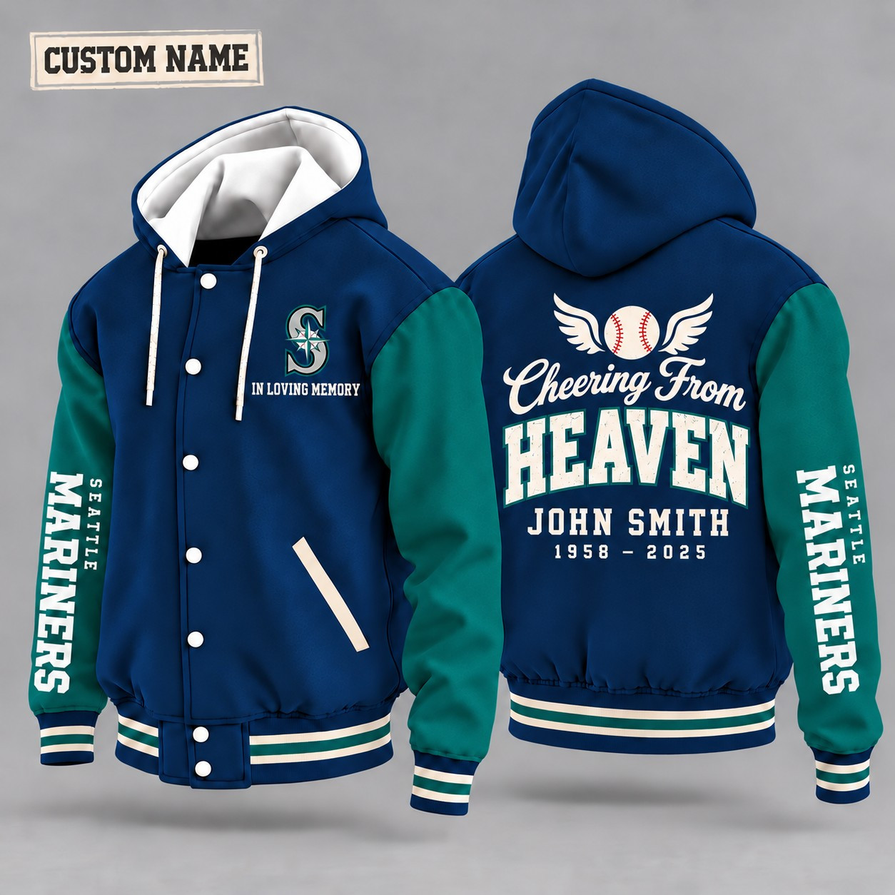 Seattle Mariners Cheering From Heaven Memorial Hooded Letterman Jacket – In Loving Memory Custom Name PNDTBT