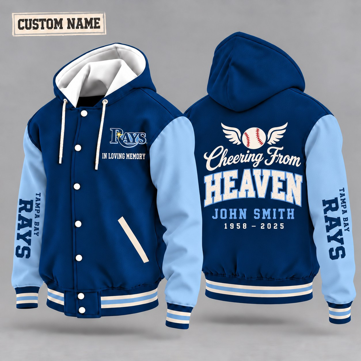 Tampa Bay Rays Cheering From Heaven Memorial Hooded Letterman Jacket – In Loving Memory Custom Name PUE5ML