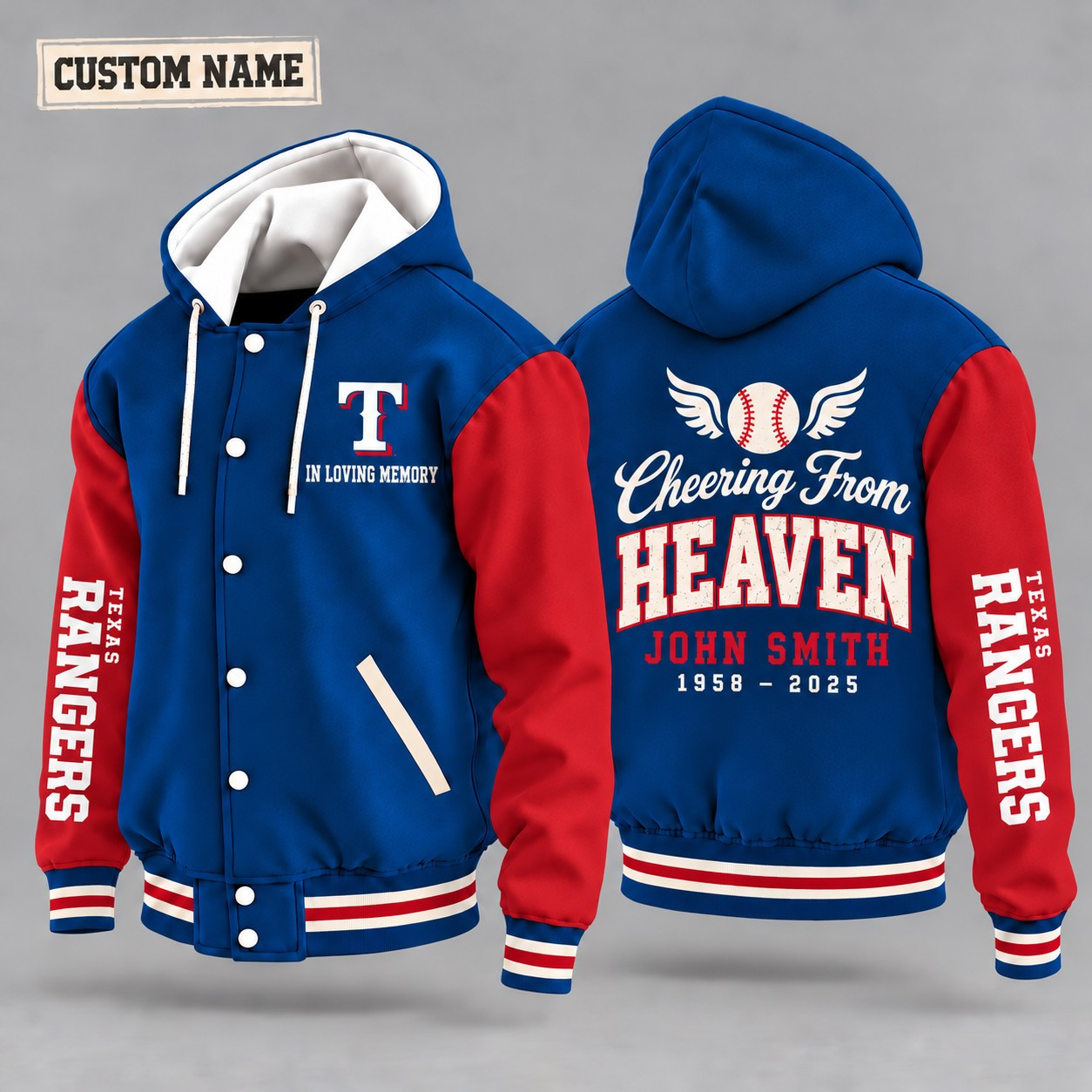 Texas Rangers Cheering From Heaven Memorial Hooded Letterman Jacket – In Loving Memory Custom Name PFBR6P