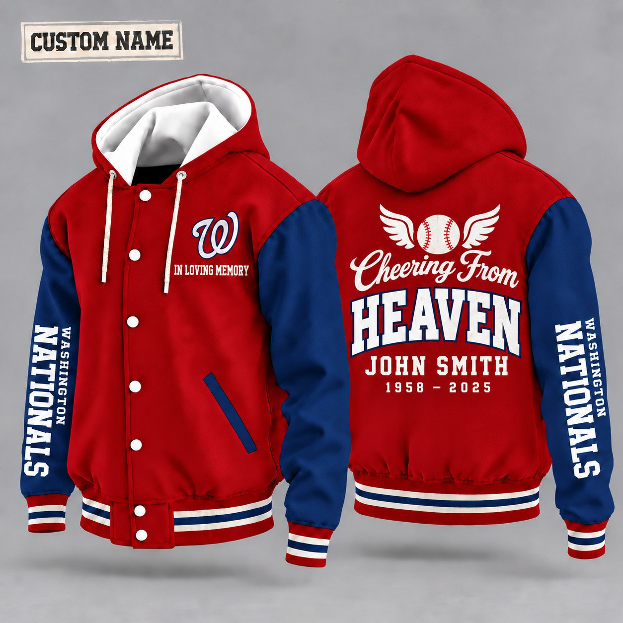 Washington Nationals Cheering From Heaven Memorial Hooded Letterman Jacket – In Loving Memory Custom Name PEI104