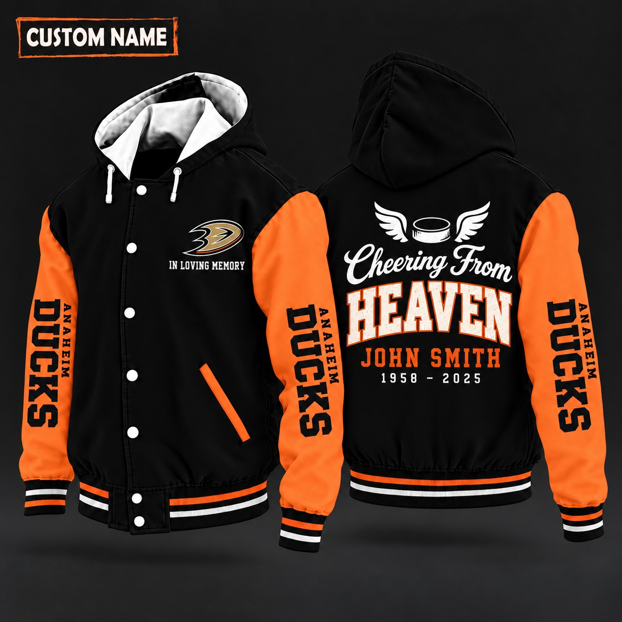 Anaheim Ducks Cheering From Heaven Memorial Hooded Letterman Jacket – In Loving Memory Custom Name PSYPVO