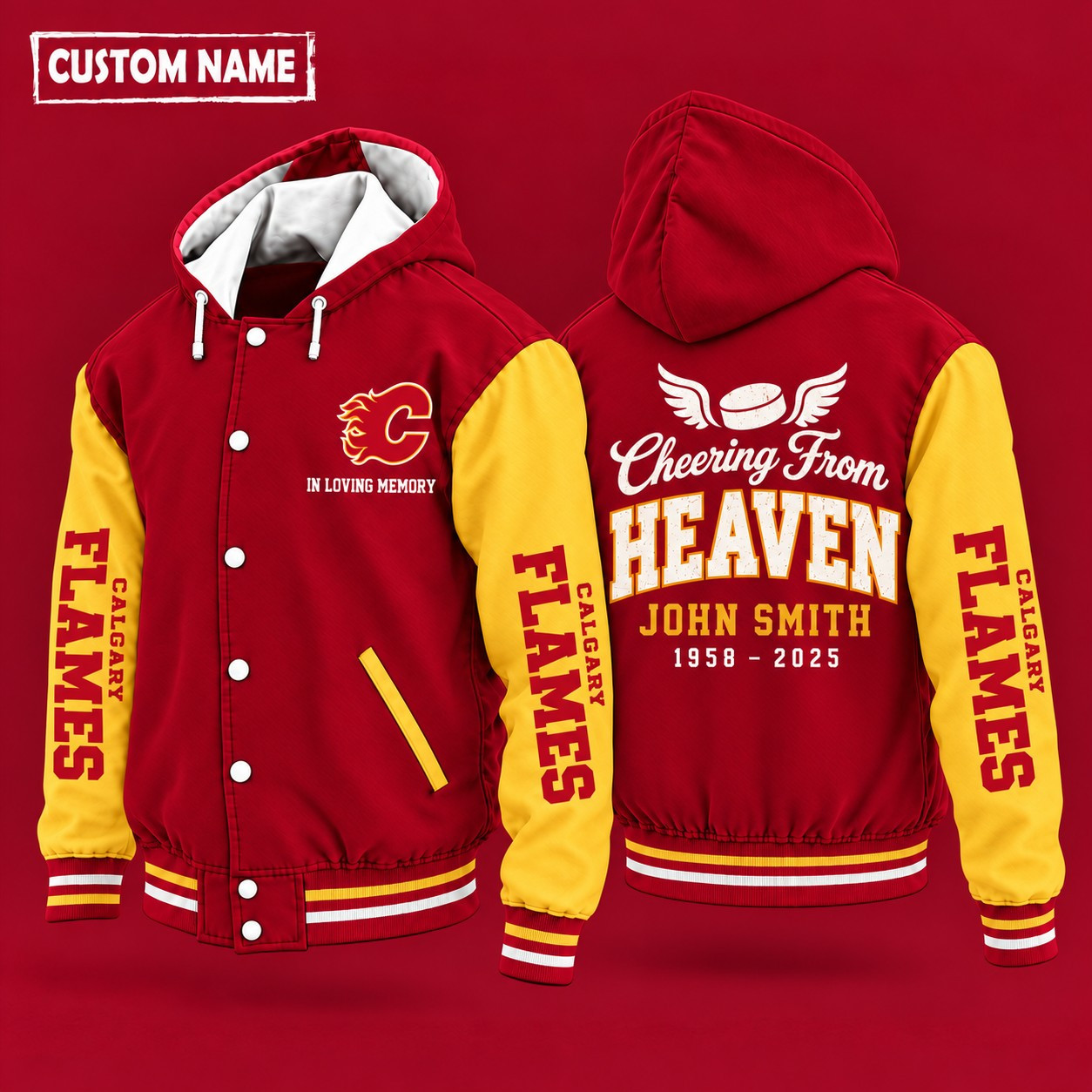 Calgary Flames Cheering From Heaven Memorial Hooded Letterman Jacket – In Loving Memory Custom Name P423ZB