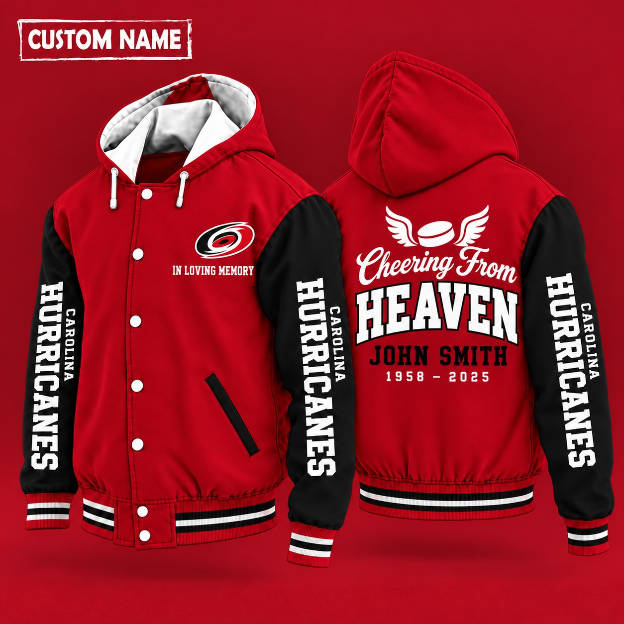 Carolina Hurricanes Cheering From Heaven Memorial Hooded Letterman Jacket – In Loving Memory Custom Name PDYRS5