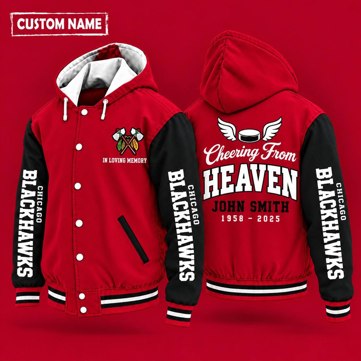 Chicago Blackhawks Cheering From Heaven Memorial Hooded Letterman Jacket – In Loving Memory Custom Name PBS823