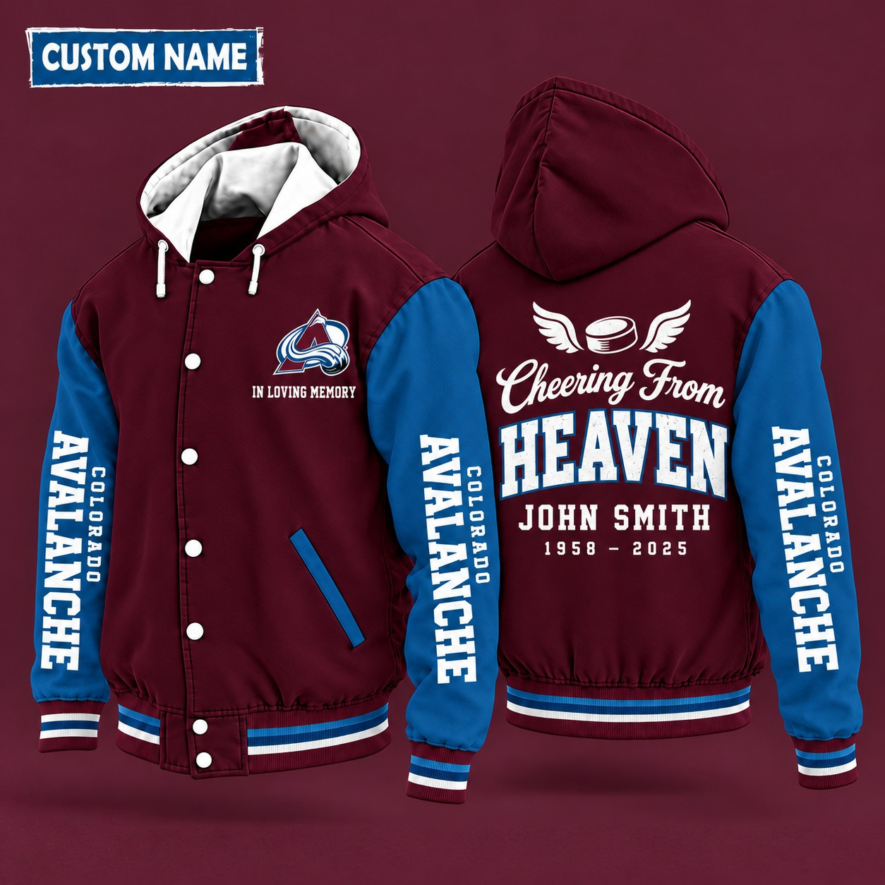 Colorado Avalanche Cheering From Heaven Memorial Hooded Letterman Jacket – In Loving Memory Custom Name PBNR1R