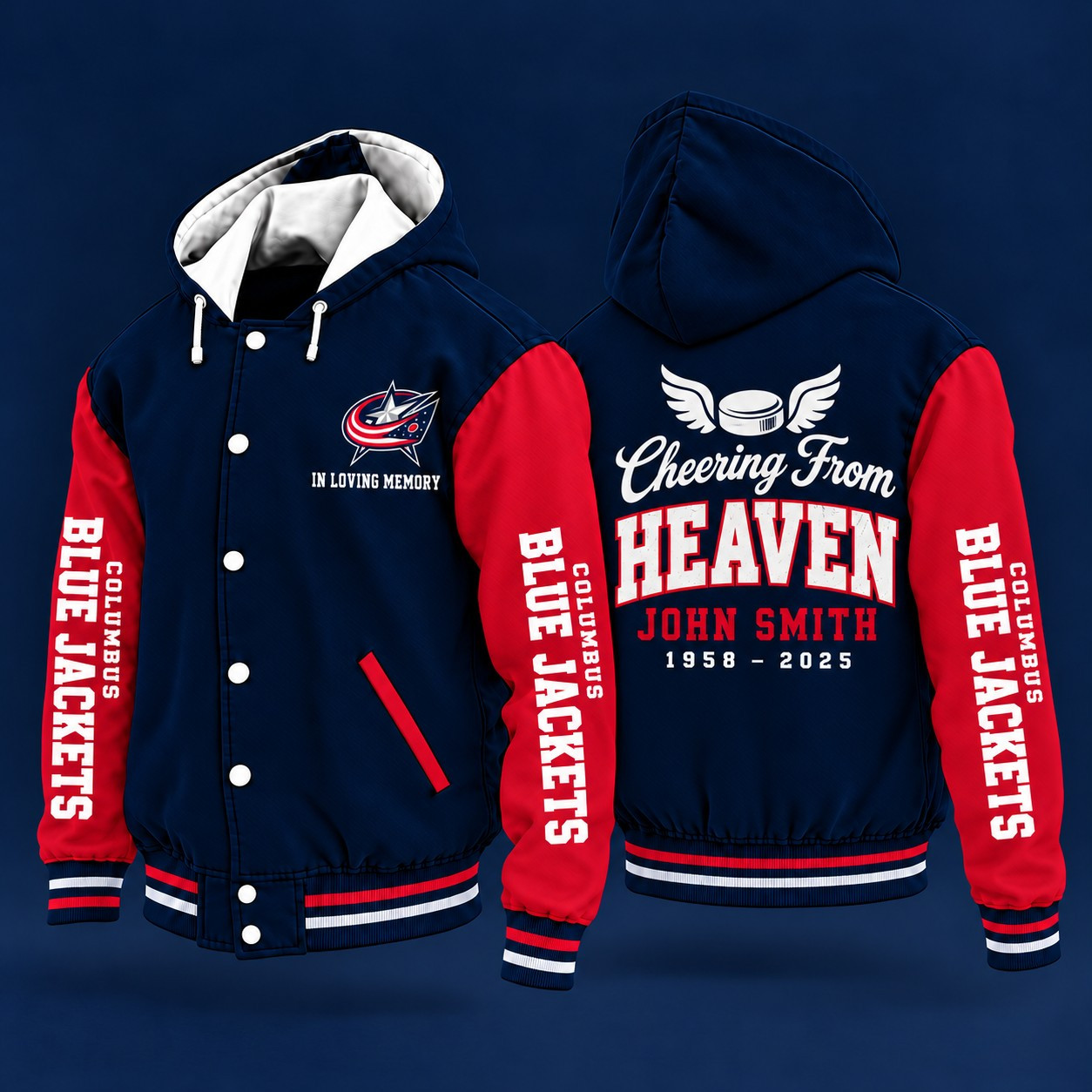 Columbus Blue Jackets Cheering From Heaven Memorial Hooded Letterman Jacket – In Loving Memory Custom Name PIYS6K