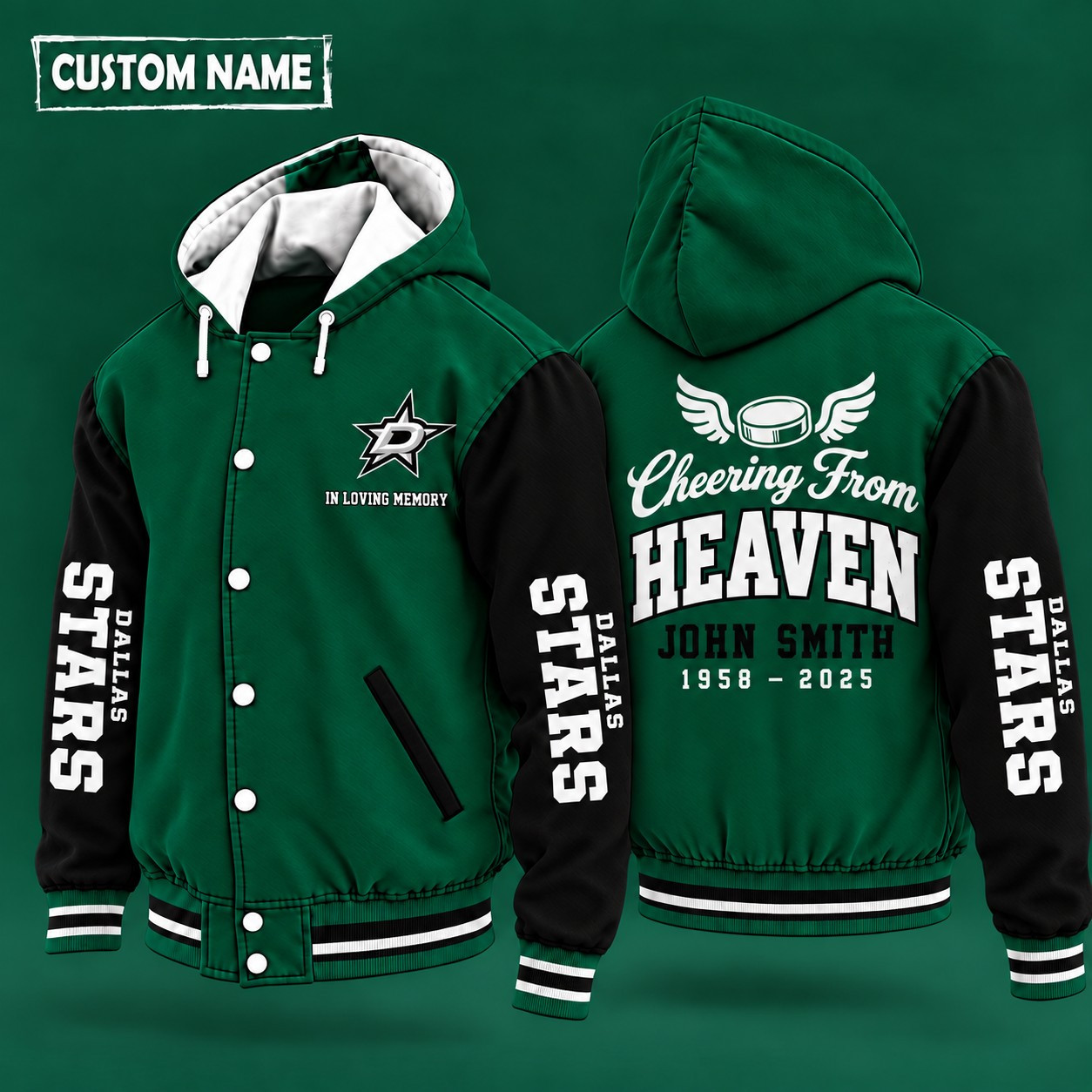 Dallas Stars Cheering From Heaven Memorial Hooded Letterman Jacket – In Loving Memory Custom Name PC8LRZ